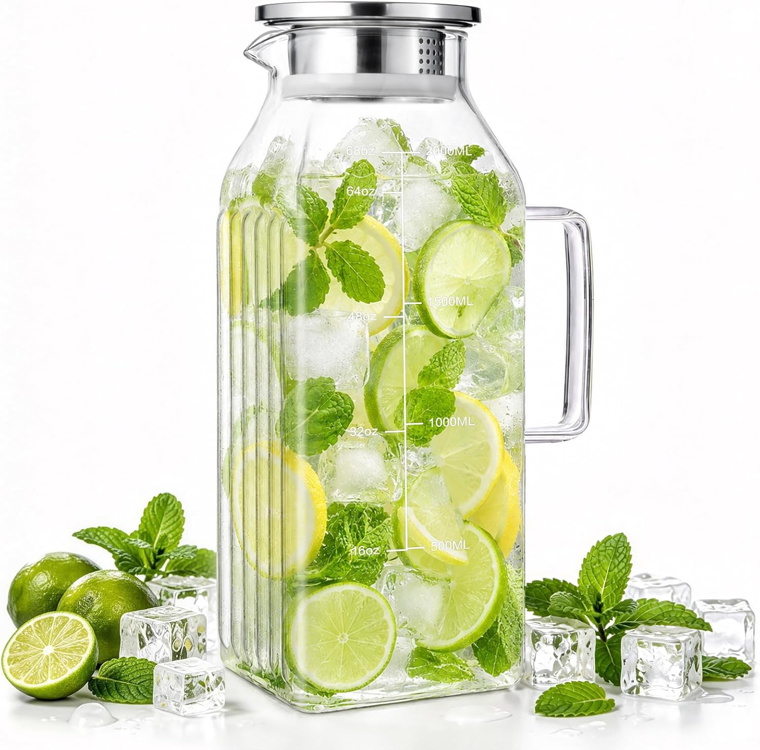 Aofmee Glass Pitcher with Lid, 68oz Square Iced Tea Pitcher for Fridge