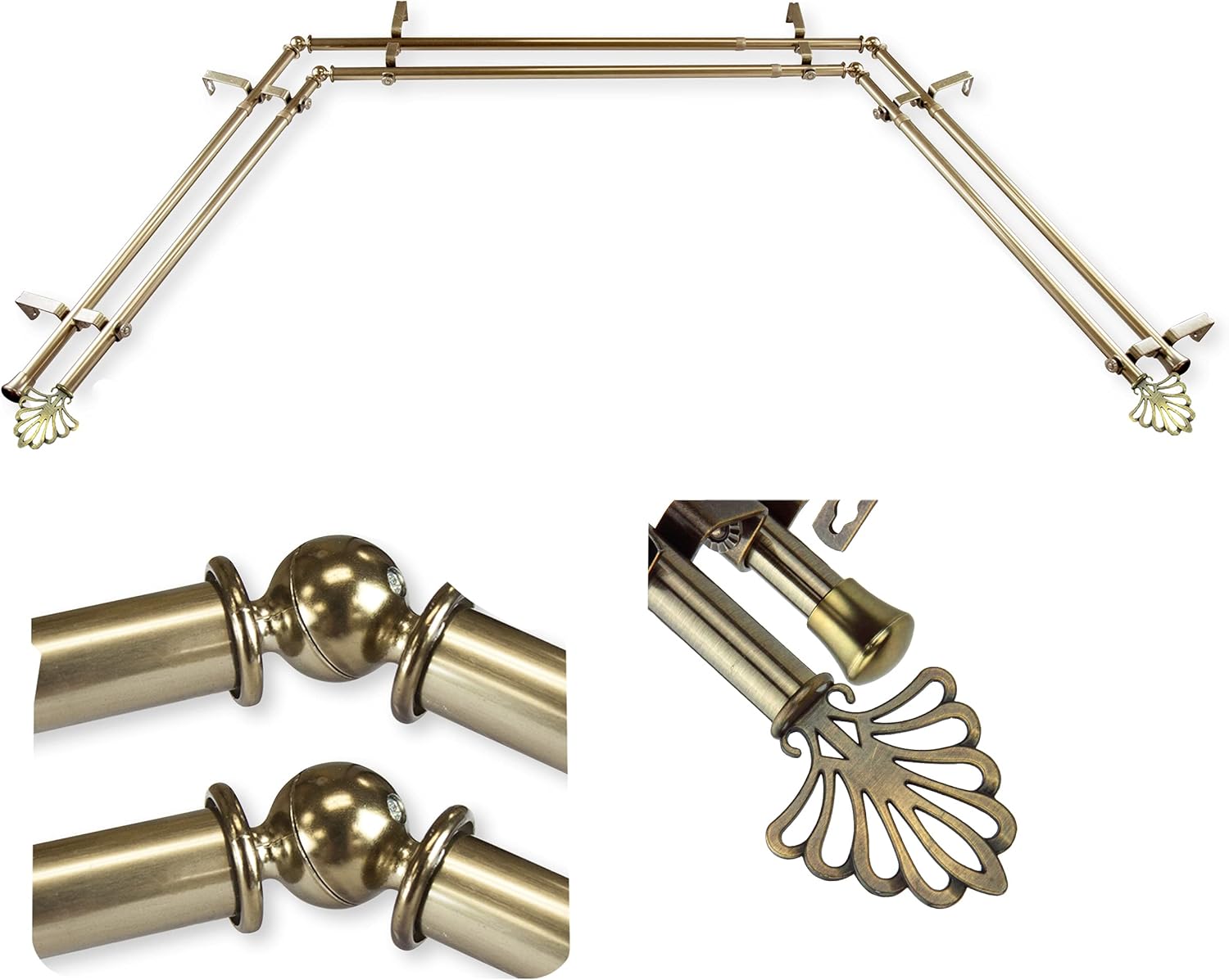 A&F Rod Décor - Screen 13/16" Bay Window Double Curtain Rod 20"-36", 38"-72" - Antique Brass