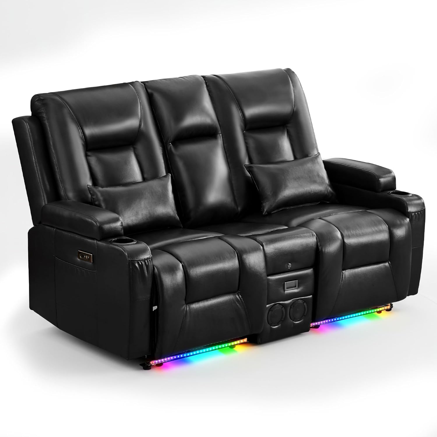 Houjud Power Reclining Loveseat Recliner Sofa with Console, Wall-Hugger RV Couch with USB Ports, Cup Holders, Bluetooth Speakers & Ambient Lighting for Home Theater or Camper, Faux Leather, Black