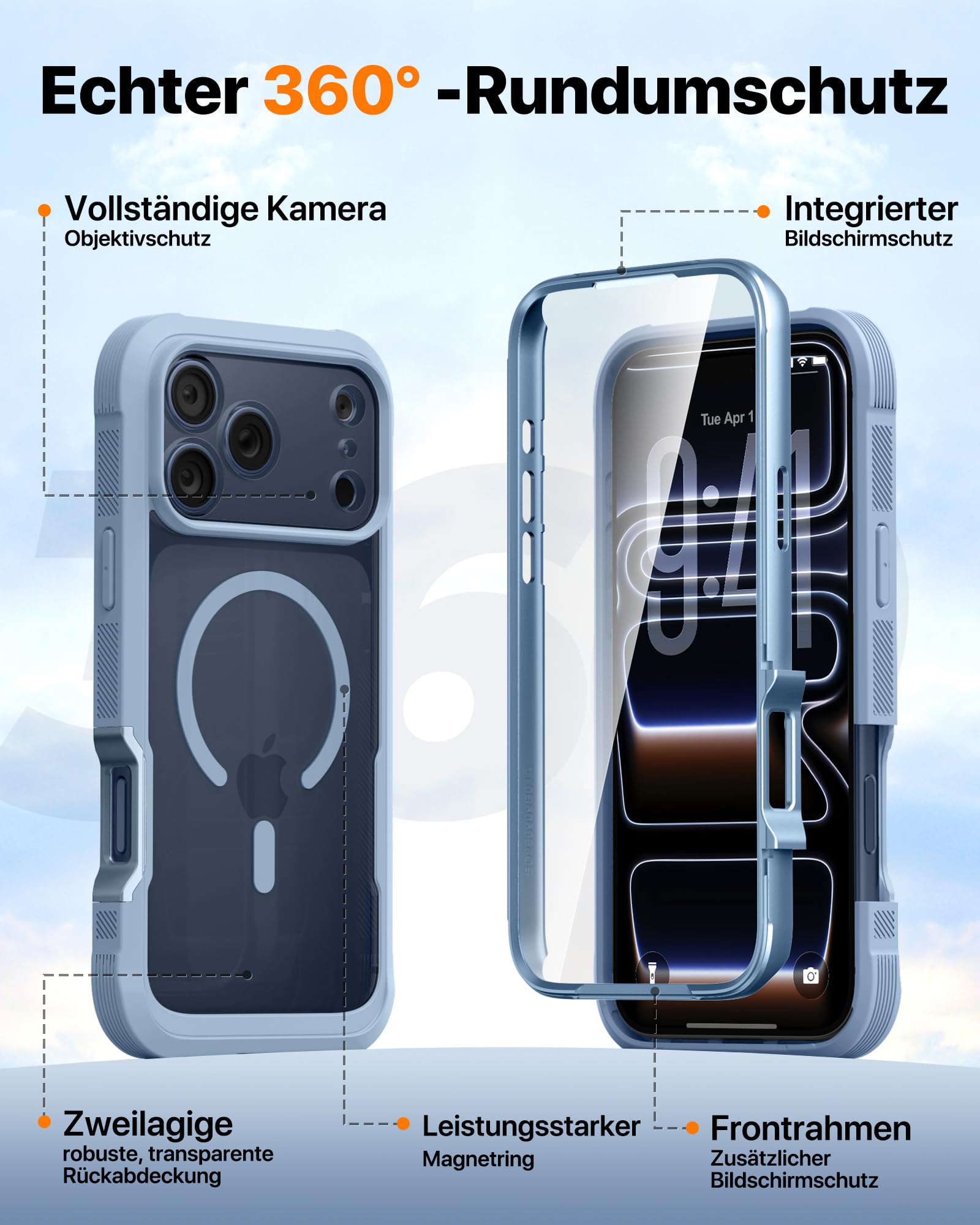 Diaclara für iPhone 17 Pro Hülle mit MagSafe, Militärschutz 360 Grad Vollschutz mit integrierter Displayschutzfolie und Kameraschutz, Handyhülle Case für iPhone 17 Pro 6,3",Nebel-Blau