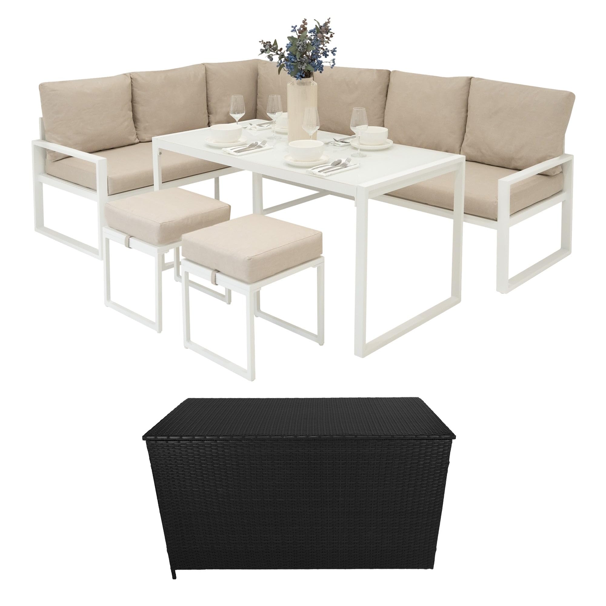 Set da Giardino in Alluminio Bianco con Cassapanca in Rattan Nera – Divano Angolare 7 Posti Tavolo da Pranzo 2 Sgabelli Cuscini Baule 582L con Coperchio a Gas Copertura Impermeabile e Borsa