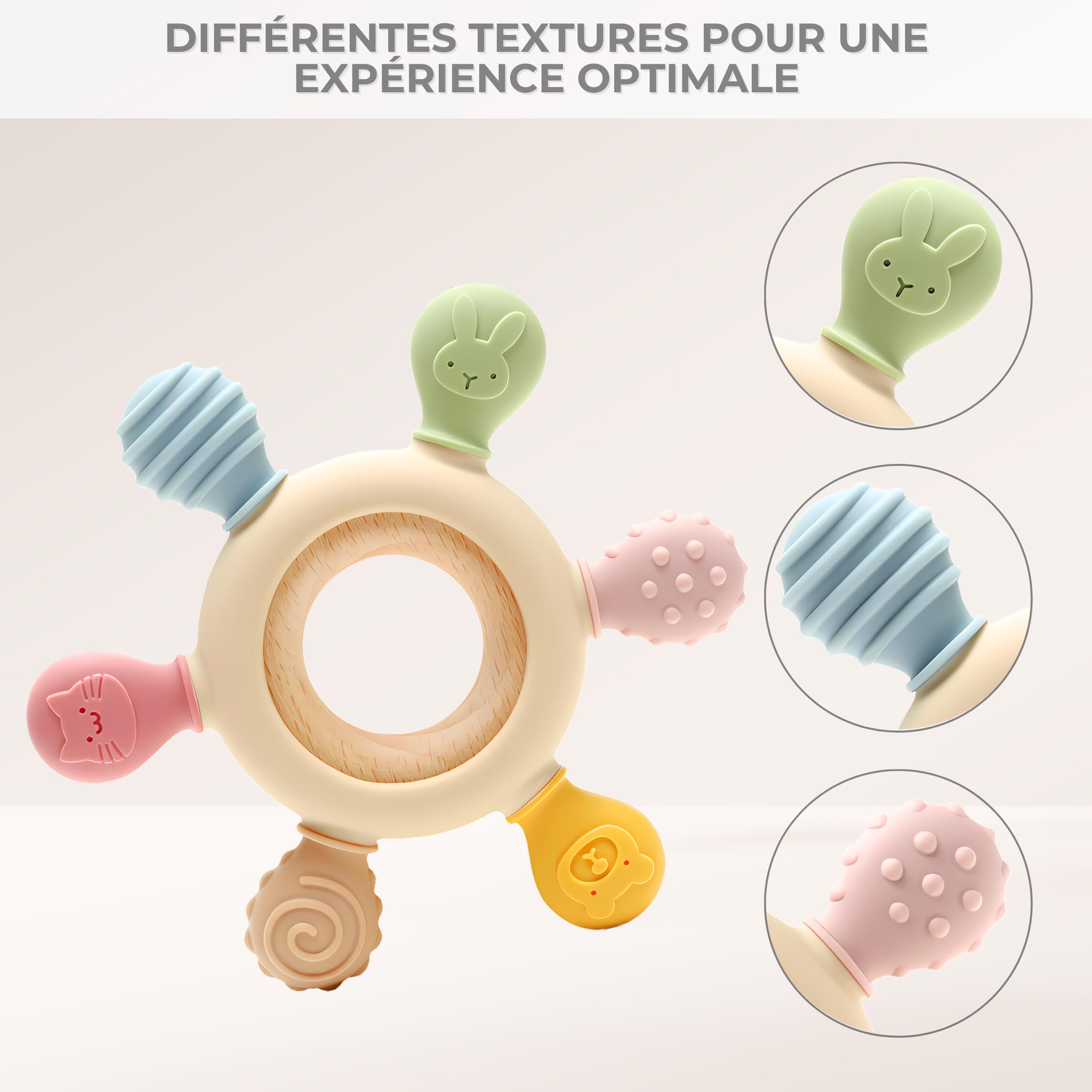 CAJA anneau de dentition bébé en silicone et bois jouet de dentition sans BPA motif animal cadeau naissance garçon fille prise facile