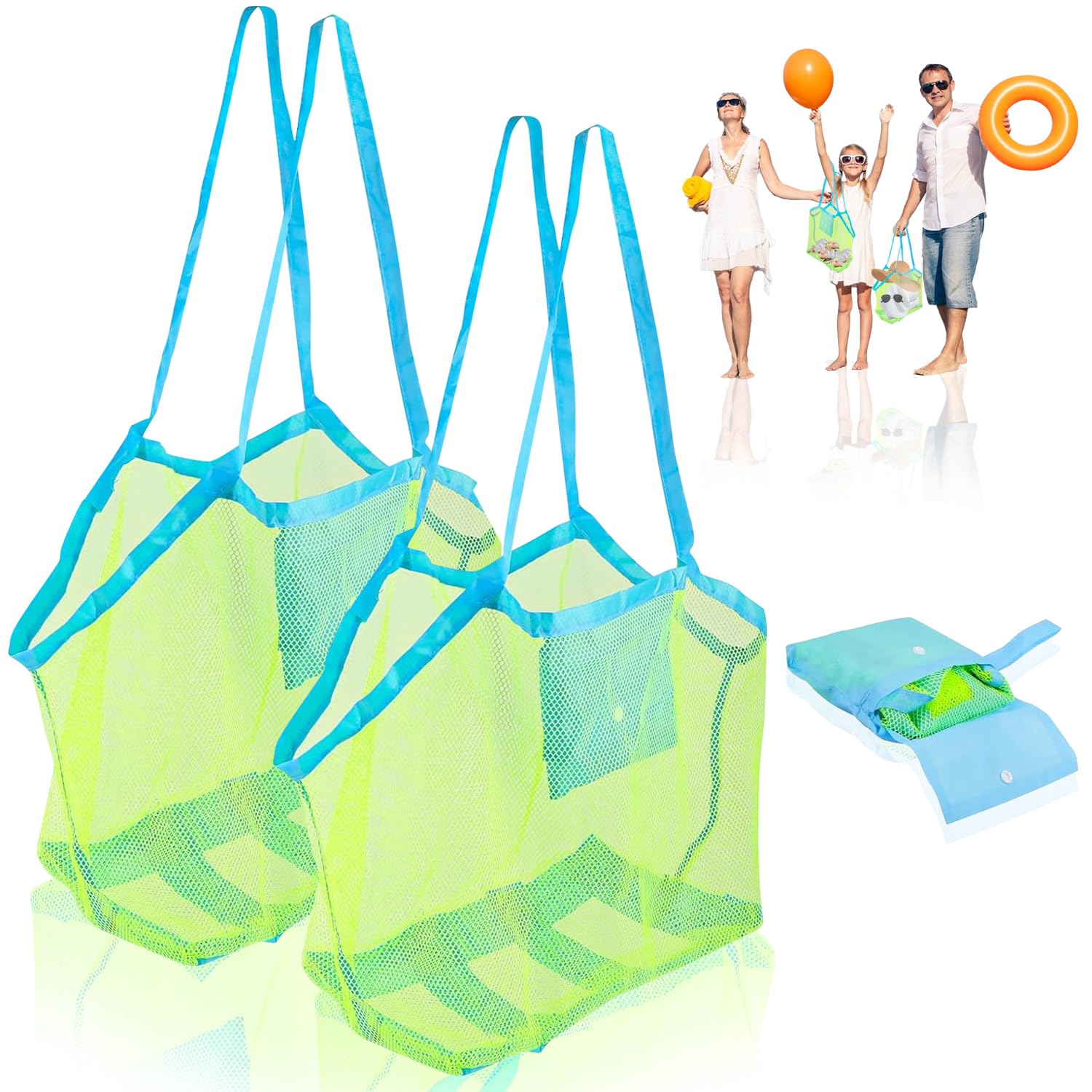 Bolsa de Malla Playa, 2 Piezas Bolsa Juguetes Playa Malla, Bolsa Plegable de Malla de Playa, Gran Bolsa de Playa de Malla, con compartimento, adecuado para piscina, playa, viajes