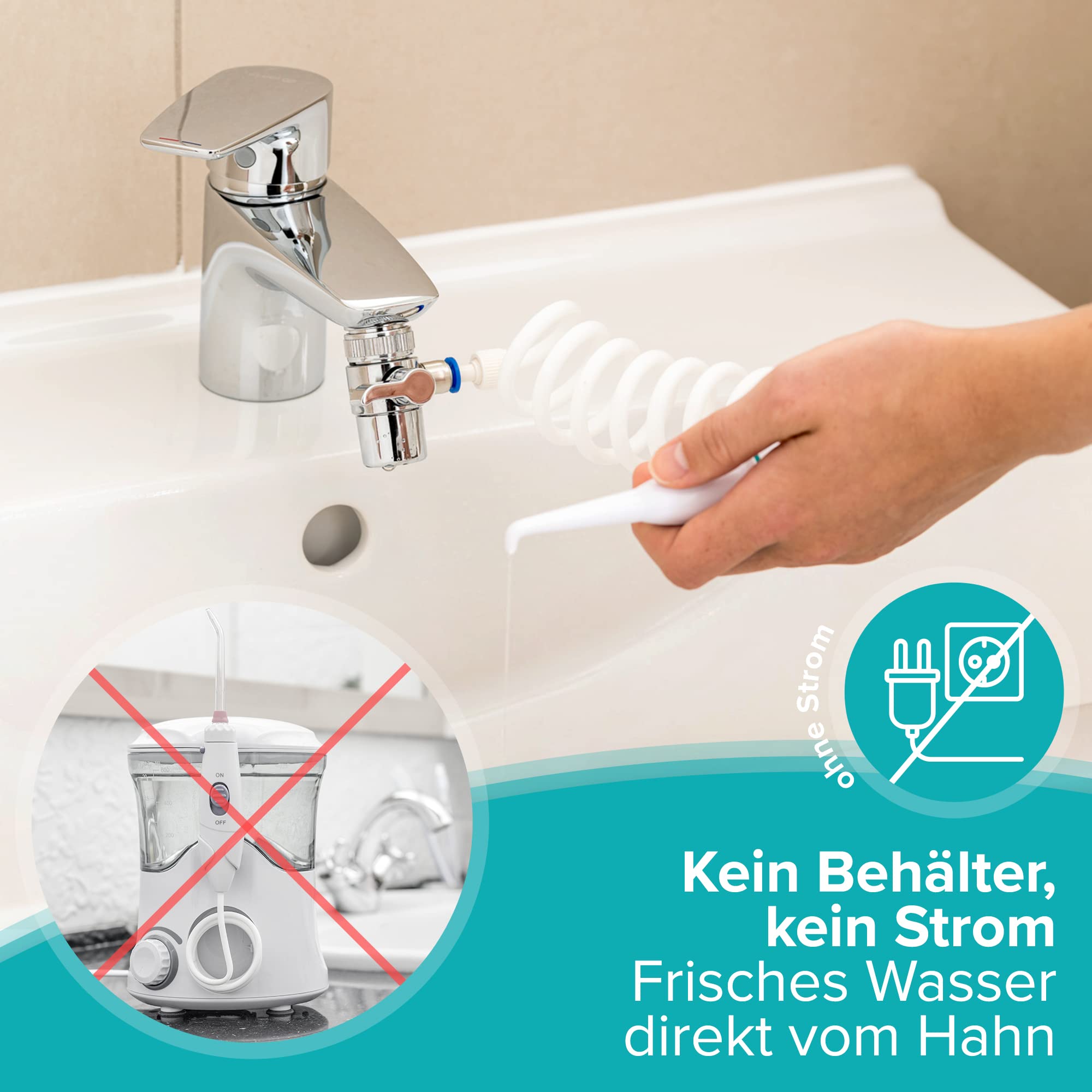 Munddusche für Wasserhahn | ohne Strom, ohne Akku, ohne Aufladen | Direkt am Wasserhahn, immer frisches Wasser. Stärke & Temperatur wählbar. Für Zahnspangen geeignet. Auch als Reisemunddusche