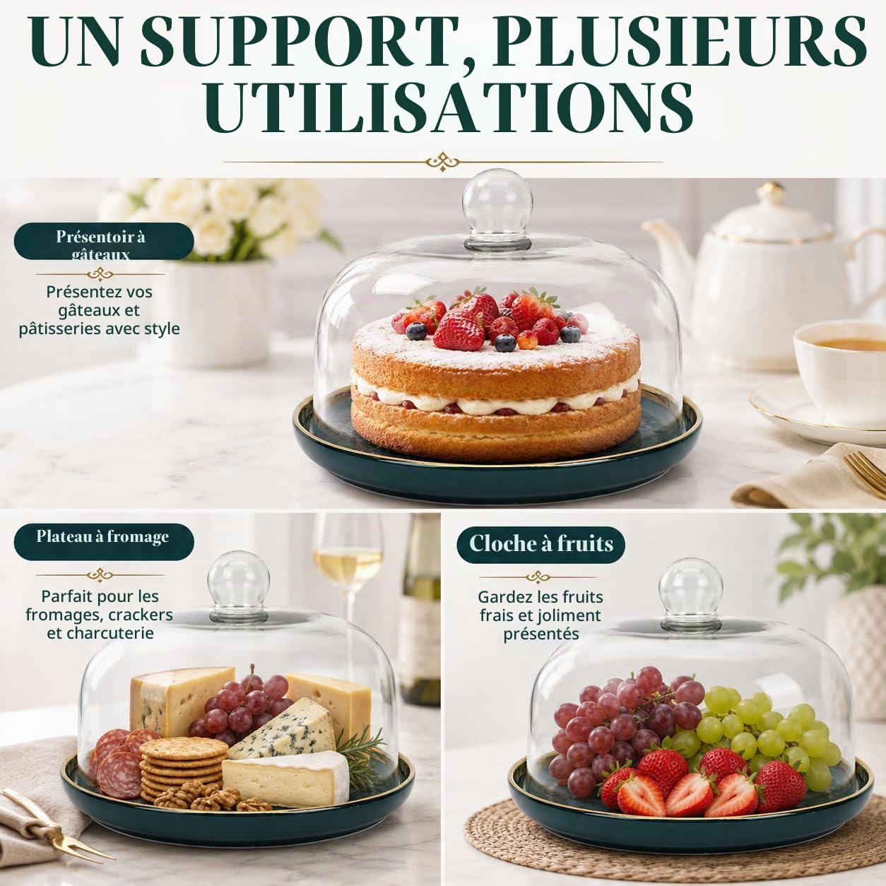 Présentoir à gâteau en céramique avec Cloche en Verre,Assiette en Porcelaine avec Cloche à gâteau,Cloche à gâteau,Cloche à Fromage,Cloche en Verre,Couvercle Alimentaire de 10"