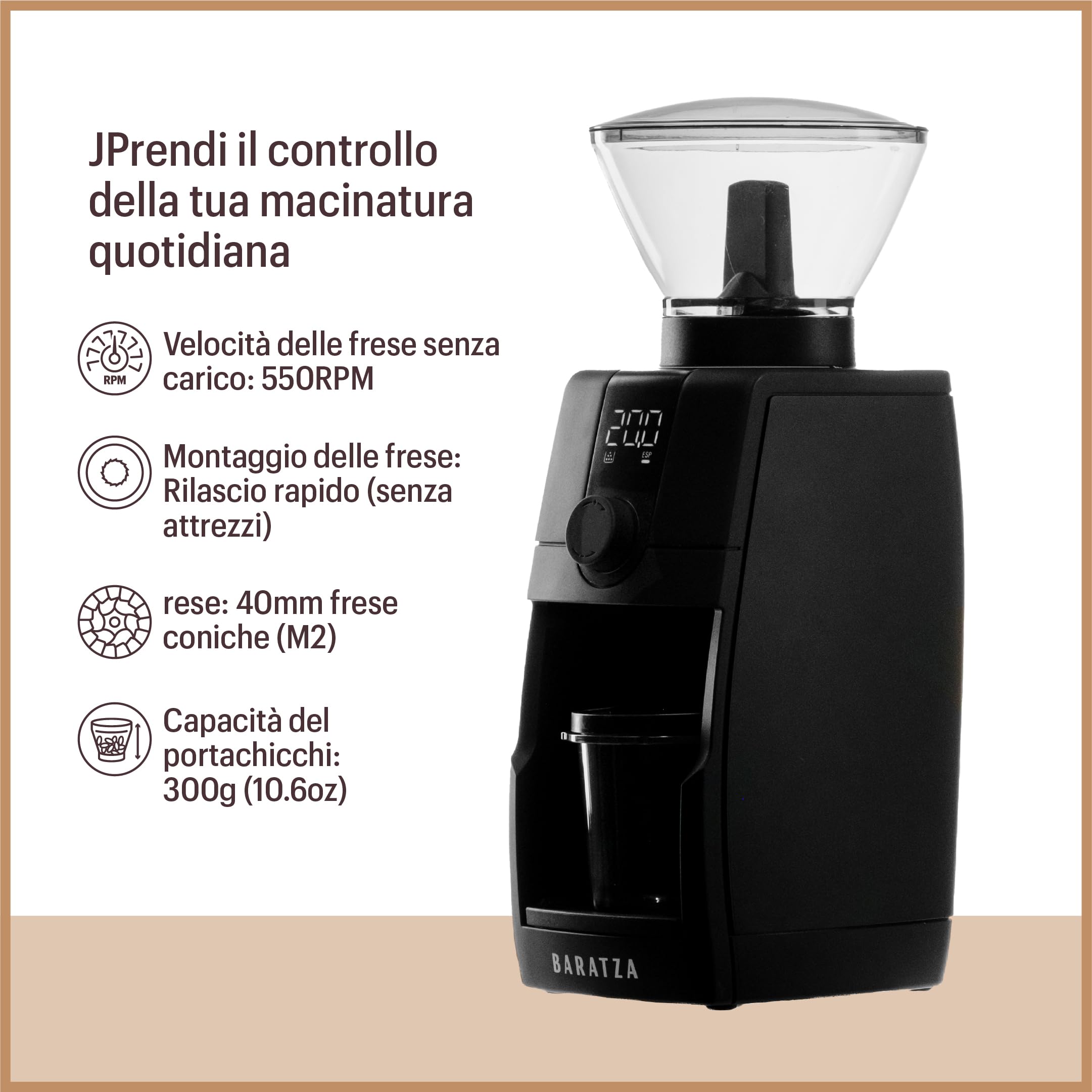 Baratza - Macinacaffè Encore ESP Pro - Regolazione continua, Disco di controllo del flusso, Tecnologia antistatica, Due modalità di dosaggio - Tramoggia 300 g, Macine coniche 40 mm, Facile da pulire