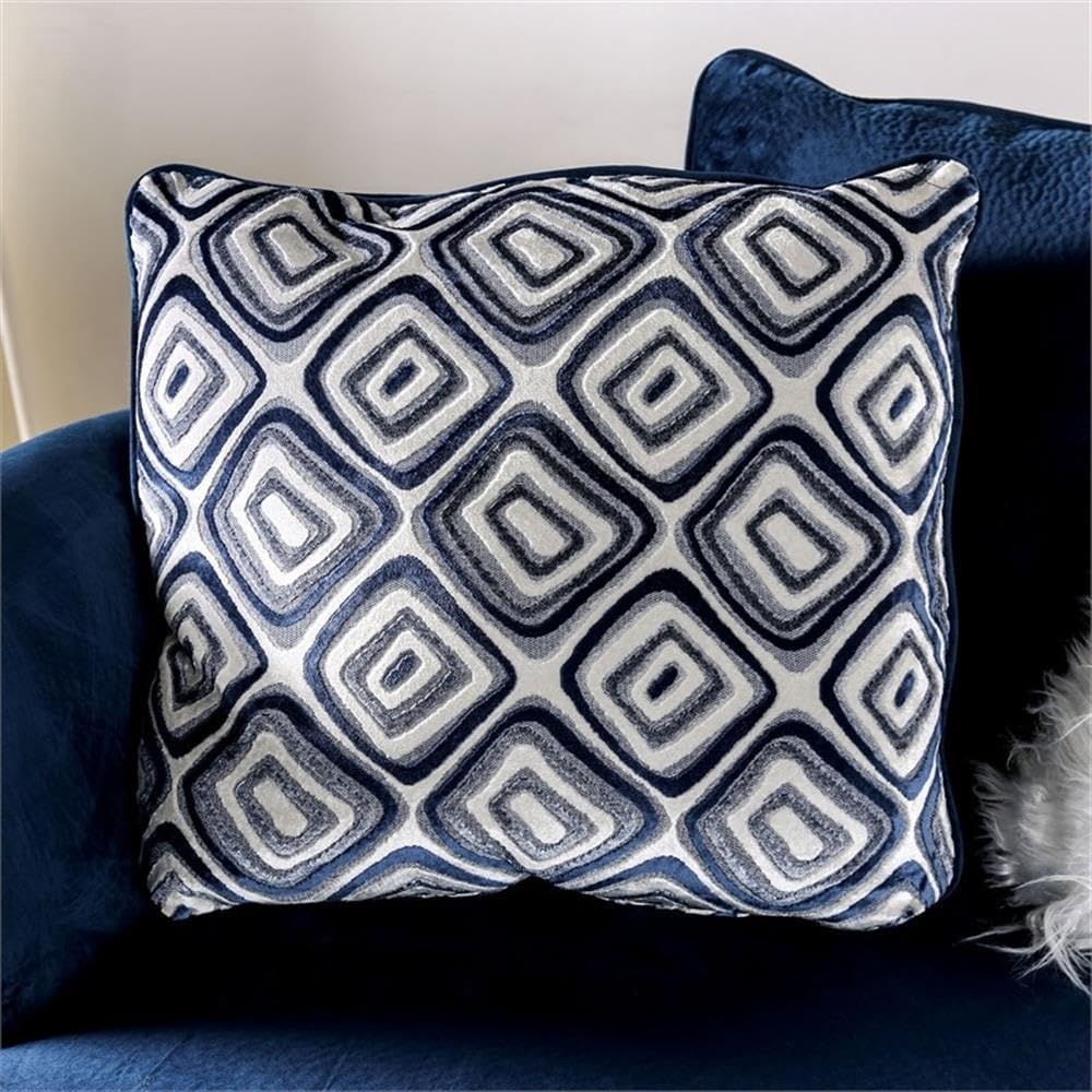 BOWERY HILL Microfiber Upholstered L-Shaped Sectional Sofa, Navy Finish, 123.5" L x 79" W x 41" H, Solid Wood Frame, Reversible Geometric Pillows, Right Side Chaise, Transitional Living Room Seating