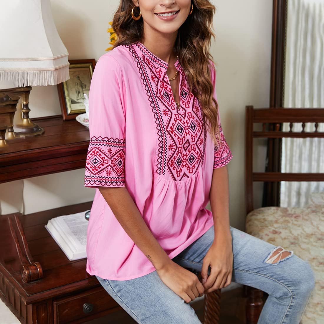 AK Women's Summer V Neck Boho Embroidered Mexican Shirts Short Sleeve Casual Tops Blouse - Image 4