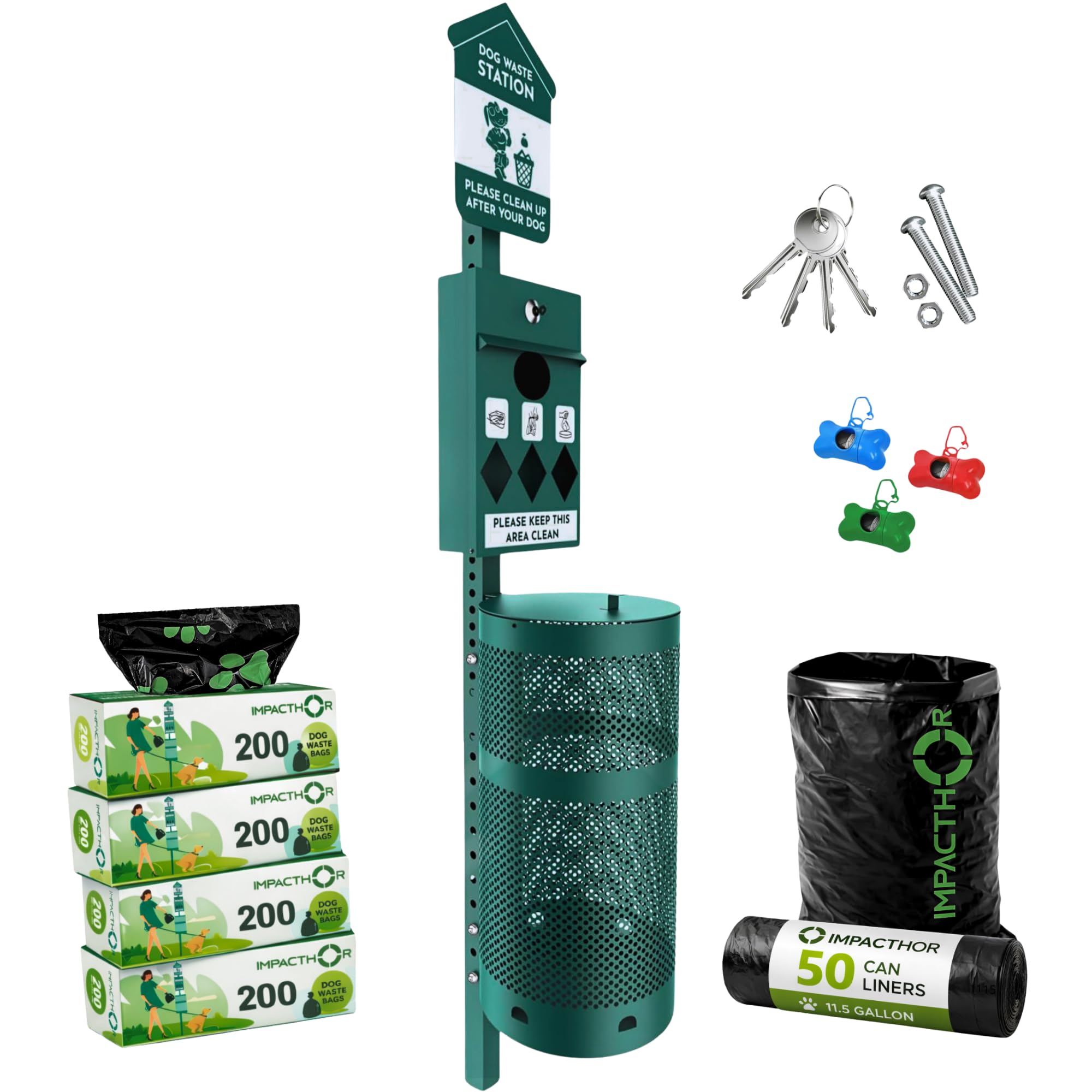 IMPACTHOR Dog Waste Station Outdoor Pet Waste Station- Desing With 4 Holes And 800 Dog Poop Bags, 50 Waste Can Liners, 3 Poop Bag Holders & 2 Set Of
