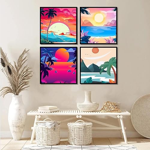 Miniatura 4 de Fuinkqe Paquete de 4 pinturas por números para adultos y niños principiantes, paisaje y playa, kit de pintura acrílica por números, sobre lienzo