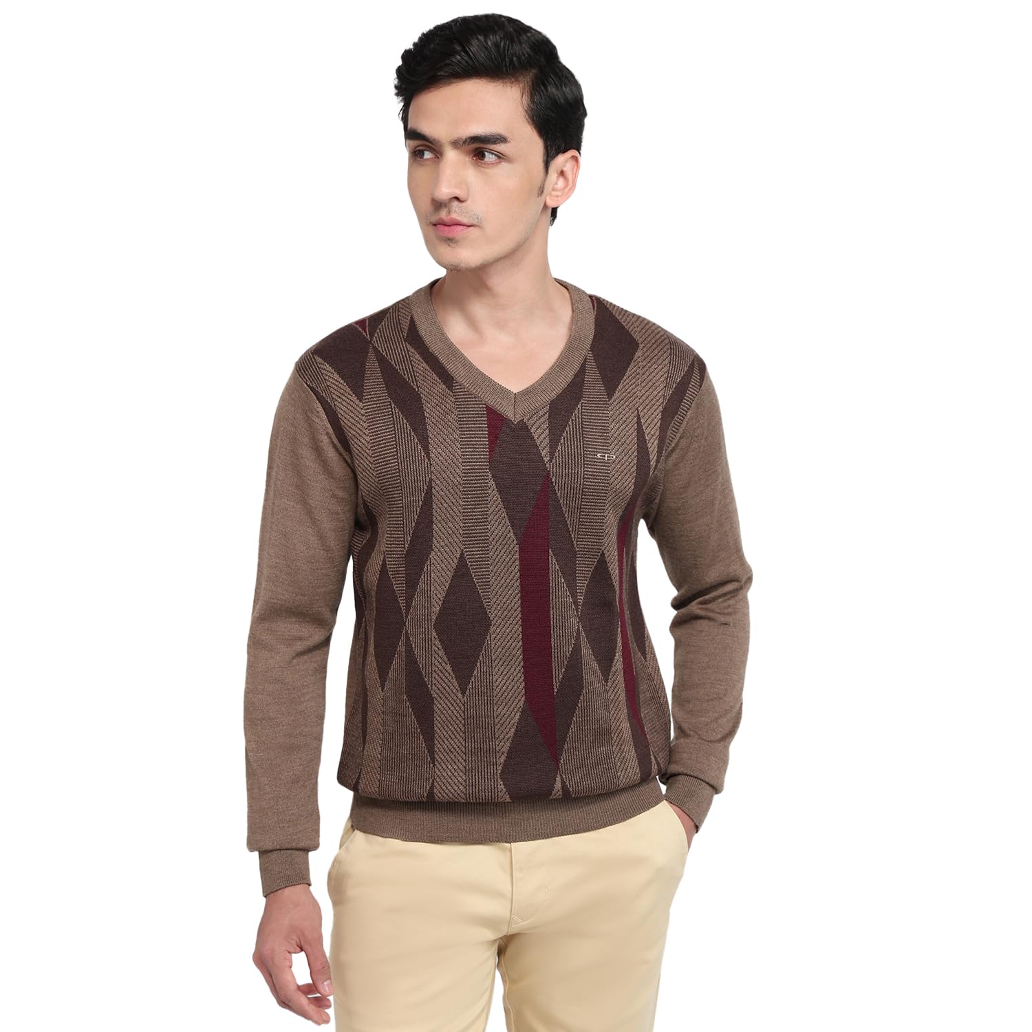 Men Regular Fit Jacquard Pattern Acrylic Wool Blend Full Sleeve V Neck Casual Sweater Dark Brown-image-26