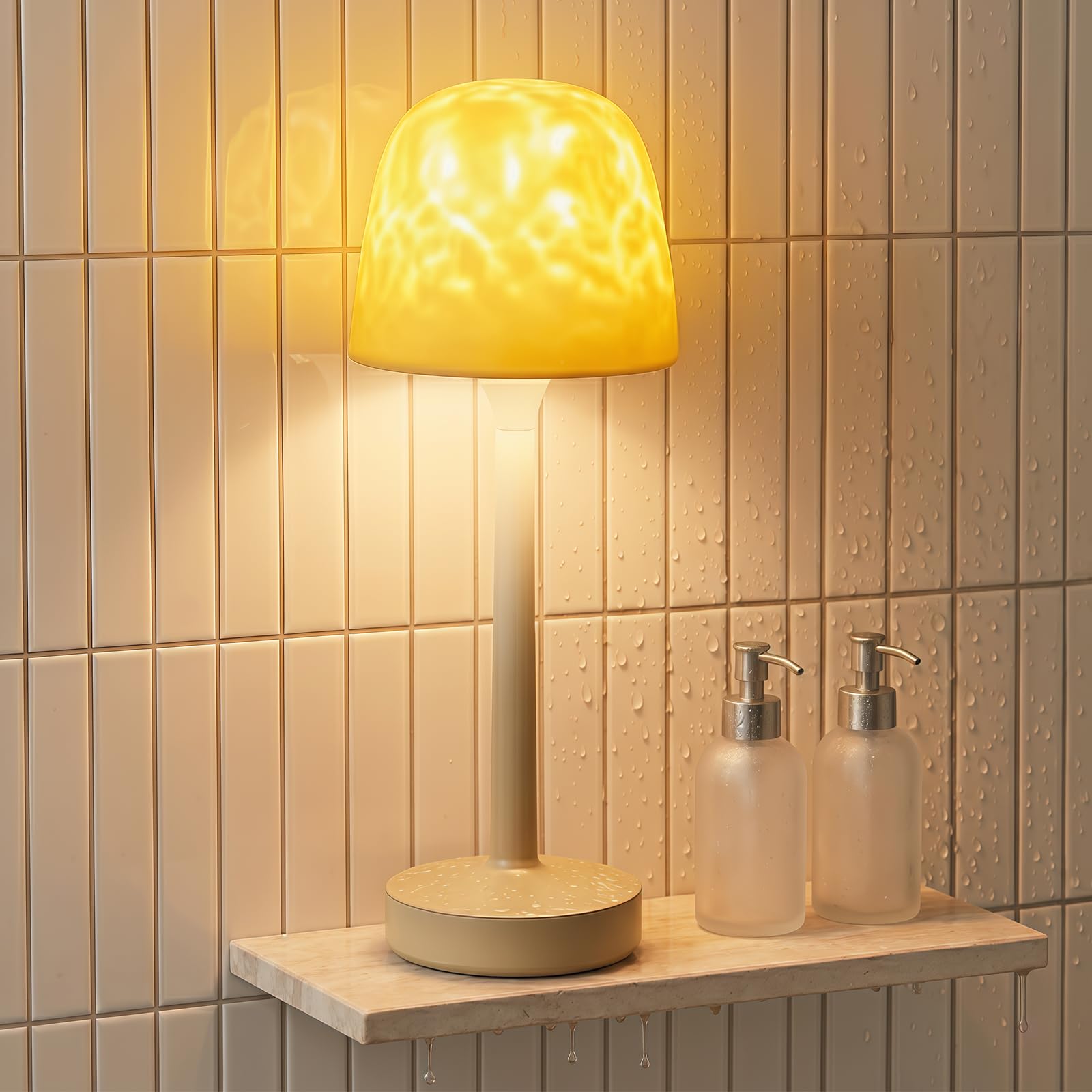 IP65 Waterproof Shower Lamp for Inside Shower, Outdoor Patio Cordless Rechargeable Table Lamp, RGB Ocean Wave Projector, Battery Operated Small Touch Lamps for Kitchen Counter Nightstand Desk Bathroom