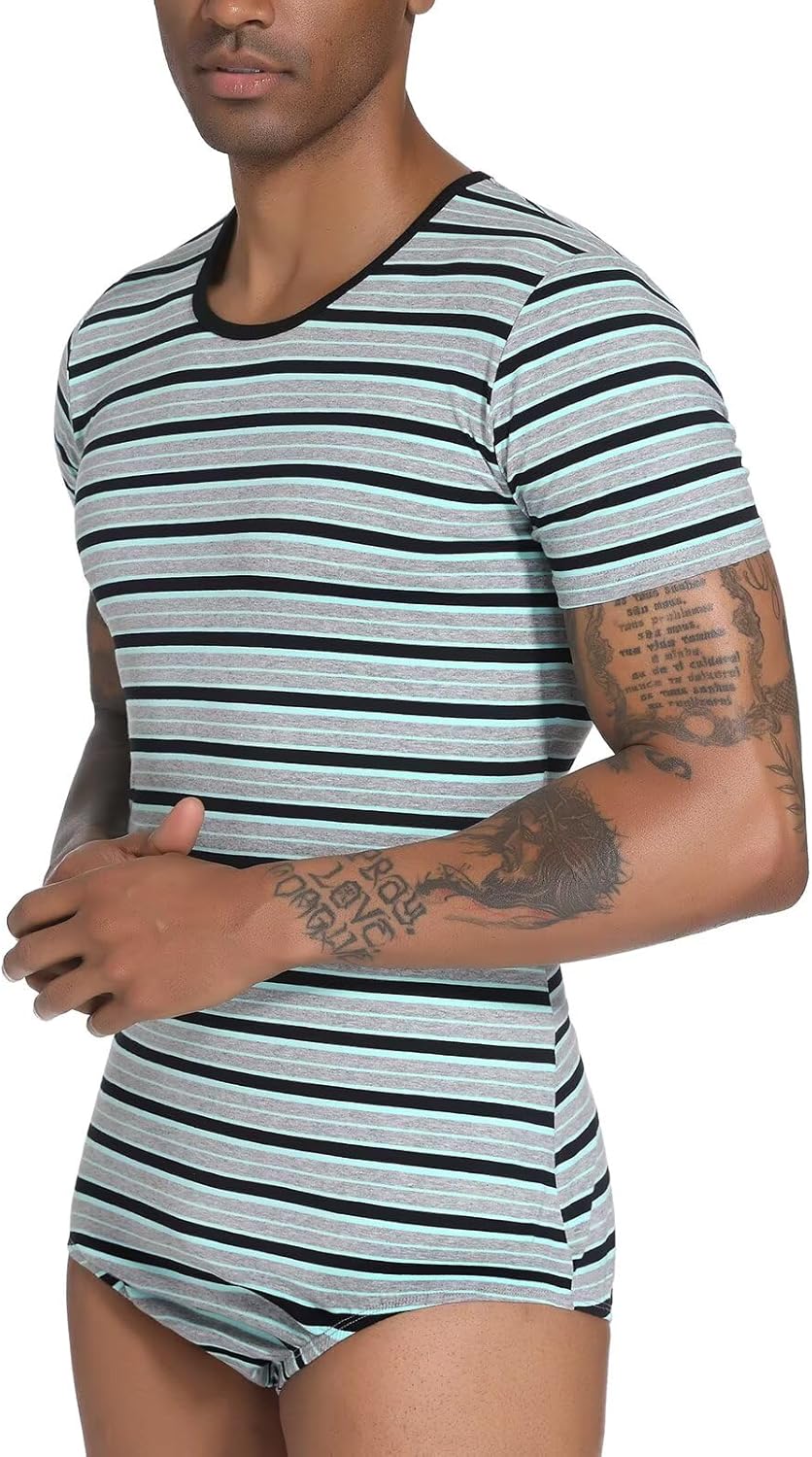 Landofgenie Men Short Sleeve Romper Pajama Bodysuit One Piece Rompers Stripe Onesie Leotard Top - Stripe Maker - Image 5
