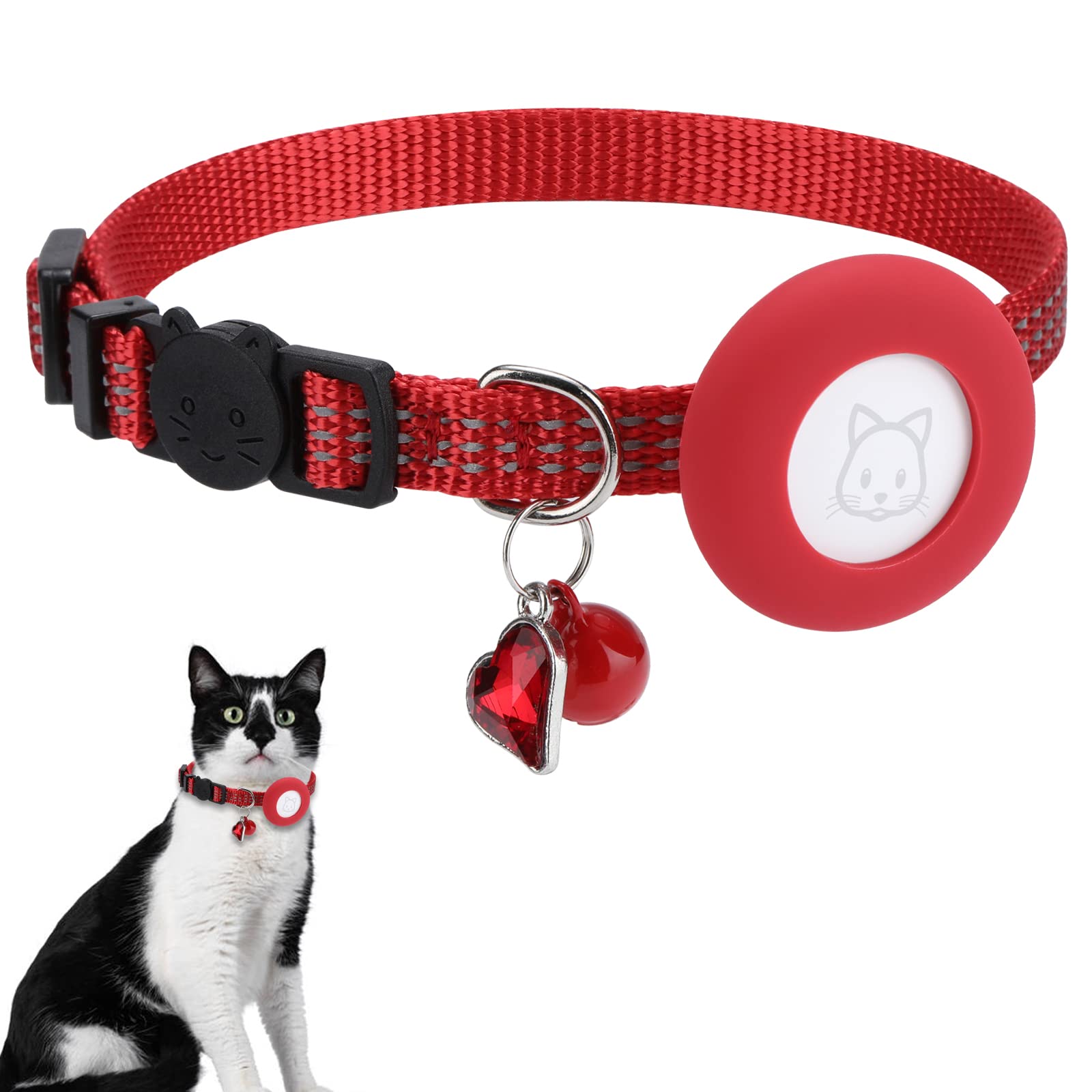 Photo 1 of Airtag Cat Collar, Cute Reflective Air Tag Cat Collar with Bell and Breakaway Buckle & Stone, Cat Collar Compatible with Apple Airtag Tracker (Red)
