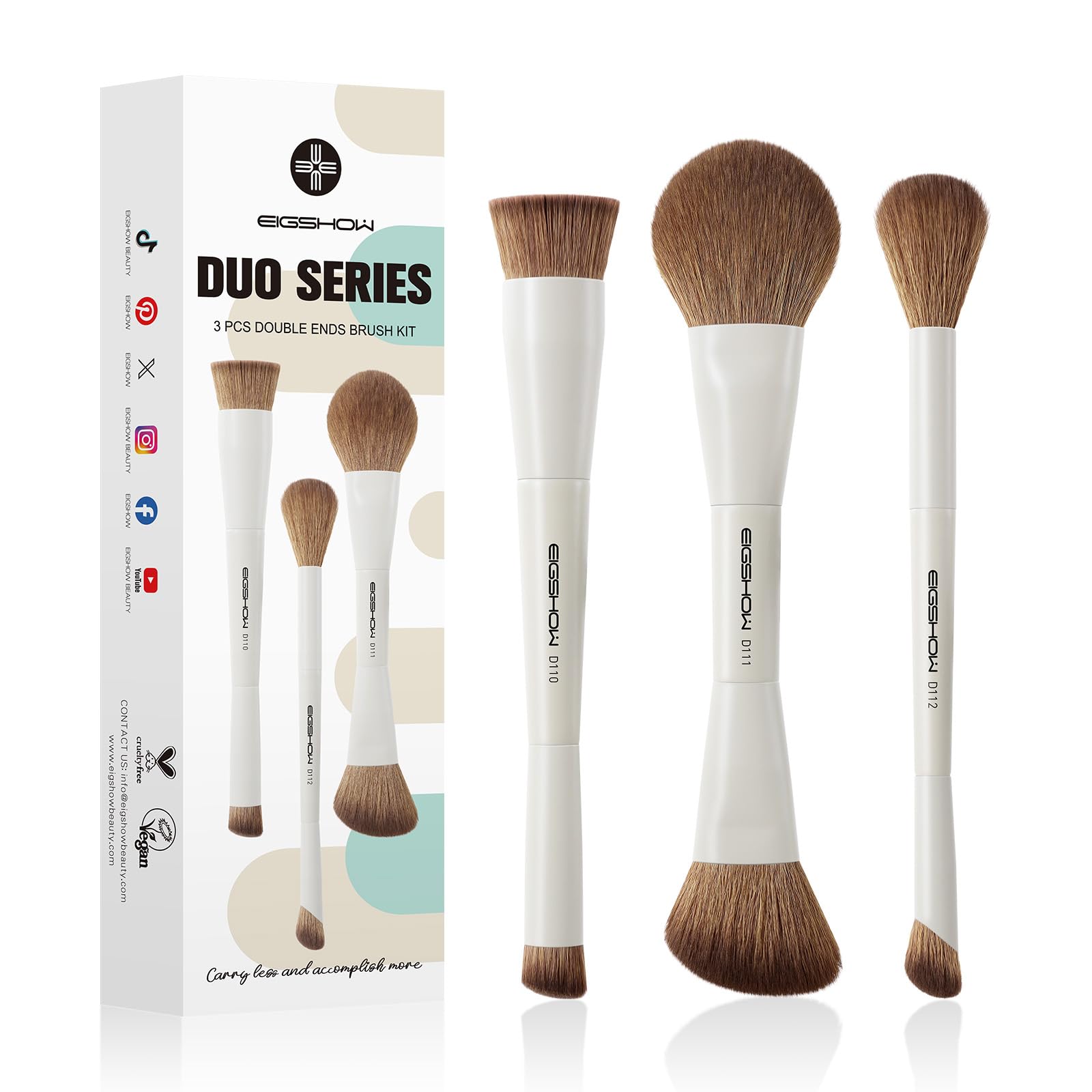 EIGSHOW Set di Pennelli per Trucco, Set Pennelli Make Up da 3 Pezzi, Set Pennelli Trucco con Due Estremità, Viso in Fibra Sintetica Morbida, Adatti per Polveri Liquide e Cremose, Beige