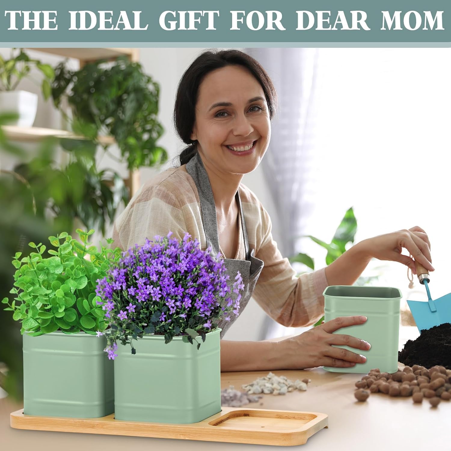 LemonRoad 6 Pcs Indoor Herb Planter Window Herb Pots for Kitchen with Drainage Hole and Bamboo Tray Farmhouse Metal Garden Planter Pot with DIY Label Mom Plant Gift(Sage Green,Square)