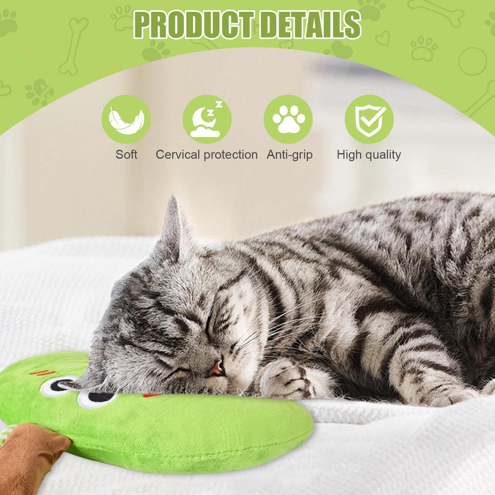 Suave Almohada de Felpa para Mascotas, 30x23 cm Almohada Bonita para Mascotas, Almohada para Perros Lavable, Ergonómico Almohada para Mascotas con Soporte para el Cuello, para Sueño Tranquilo(Verde)