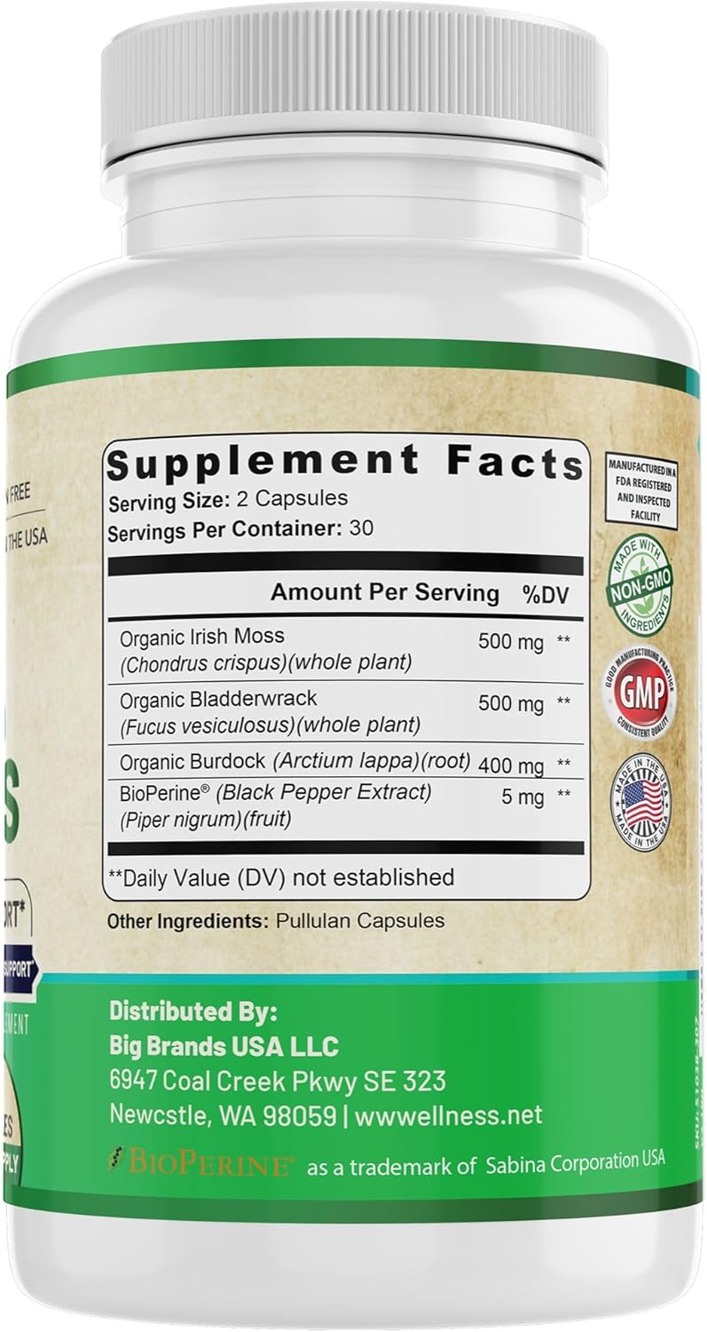 Organic Sea Moss | Immune Support & Brain Health | Bladderwrack, Burdock Root & Bioperine | All Natural, Dairy Free, Gluten Free | 60 Capsules | Made in The USA. - Image 7