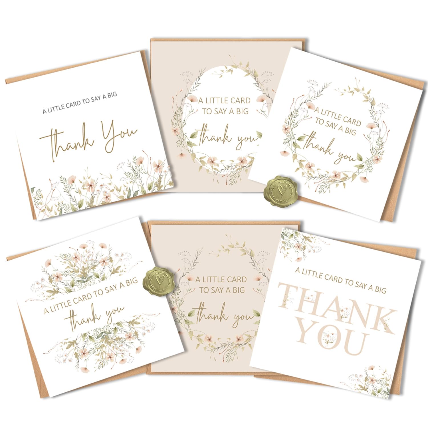 Tayenura 20 Pack Thank You Cards with Envelopes, 6 Floral Designs 300gsm Blank Thank You Cards Multipack, Bulk Thank You Notes for Wedding, Teacher, Small Business, 145x145mm (Floral Set 20 pack)