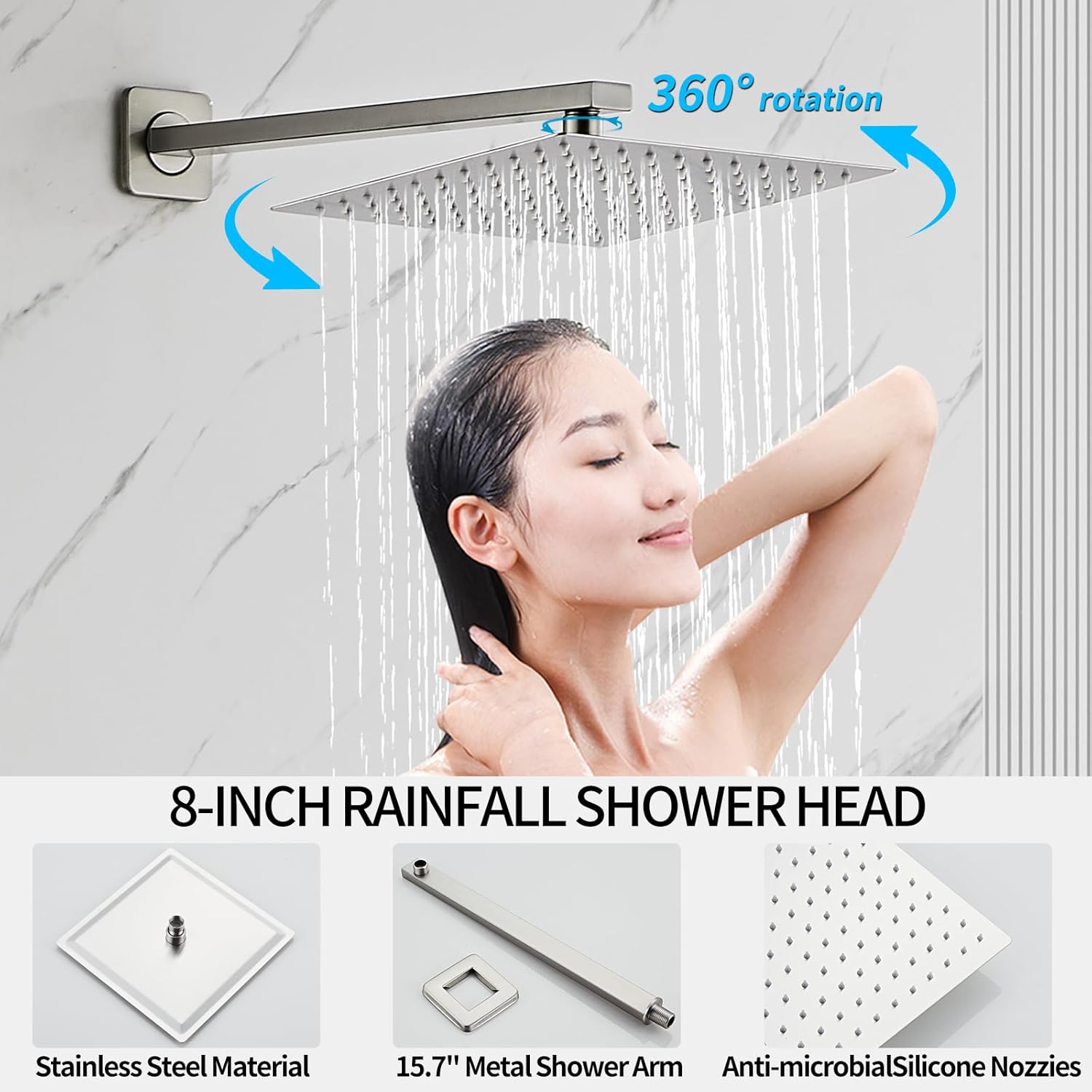 Brushed Nickel Rainfall Shower Head 8 Inch Set Faucet with Tub Spout and Handle System Square Wall Mount for Bathroom