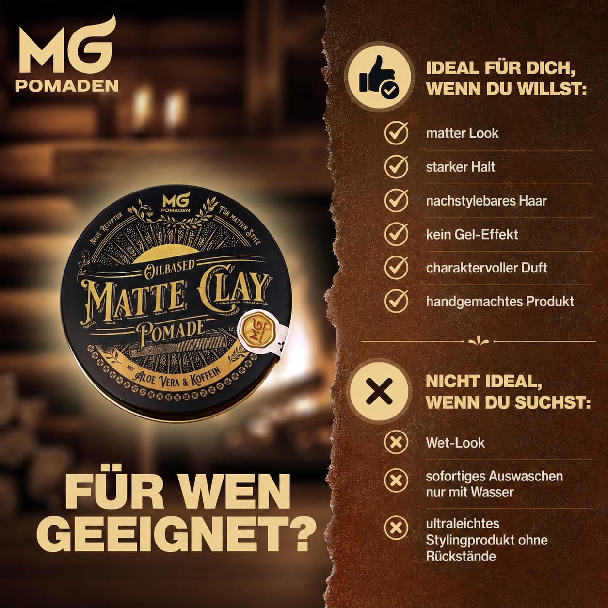 MG Pomade MATTE CLAY – glinka do włosów, mat, mocne utrwalenie | Pomada na bazie oleju z kofeiną i aloesem; odporna na wodę, do poprawiania fryzury i testowana dermatologiczni