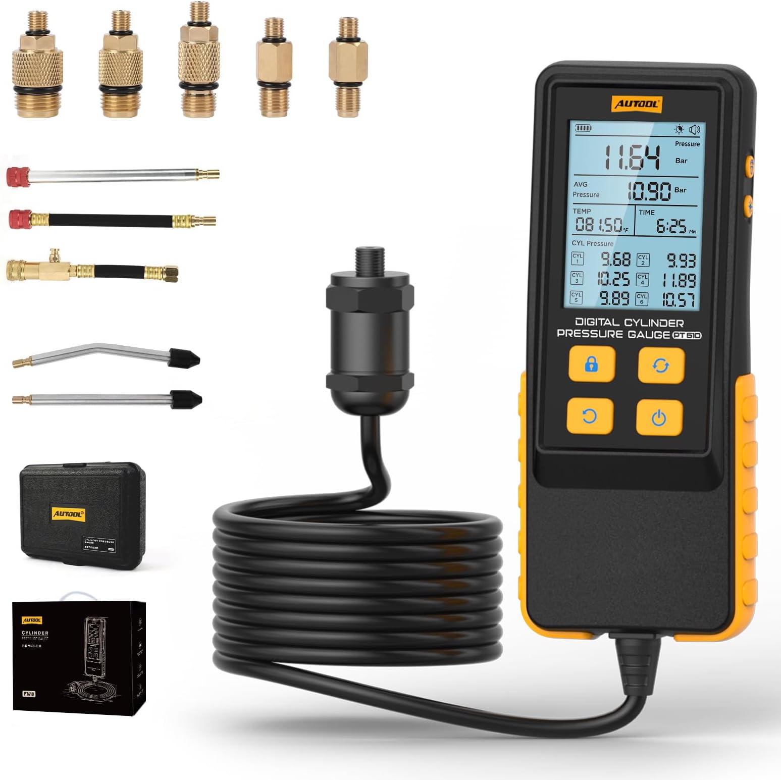AUTOOL Digital Compression Tester Automotive Compression Gauge 0-426PSI 0~29bar for Petrol Engine Cylinder Compression Test Kit with Adapters & Hoses, 6 Data Saving, Backlit Screen