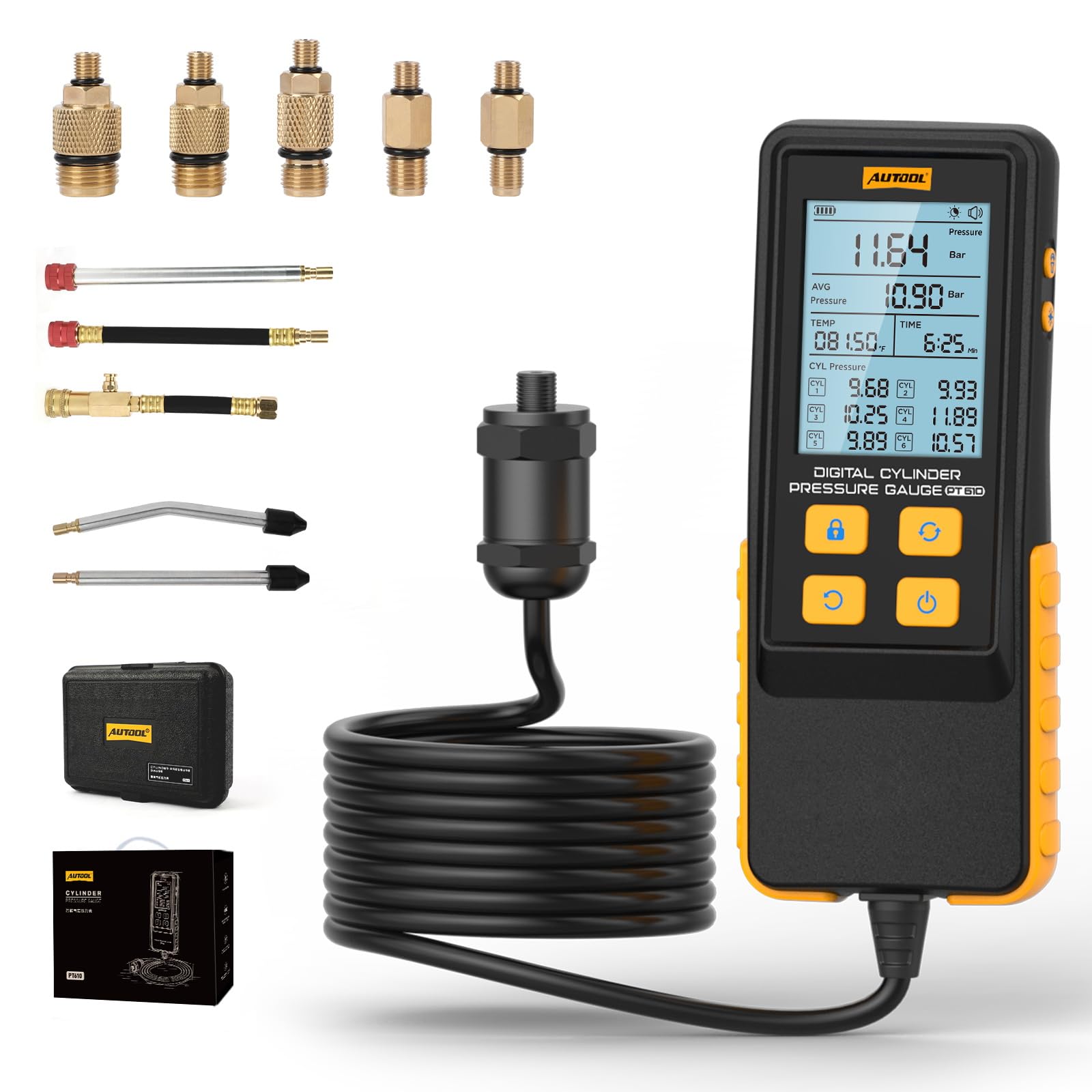 AUTOOL PT610 Compressiometre Essence, Moteur Testeur de Compression 0-426PSI 0~29bar, Compatible avec Toutes les Voitures camions et Motos, Cylindre Fuite Testeur, Coffret de Compressiomètre Kit