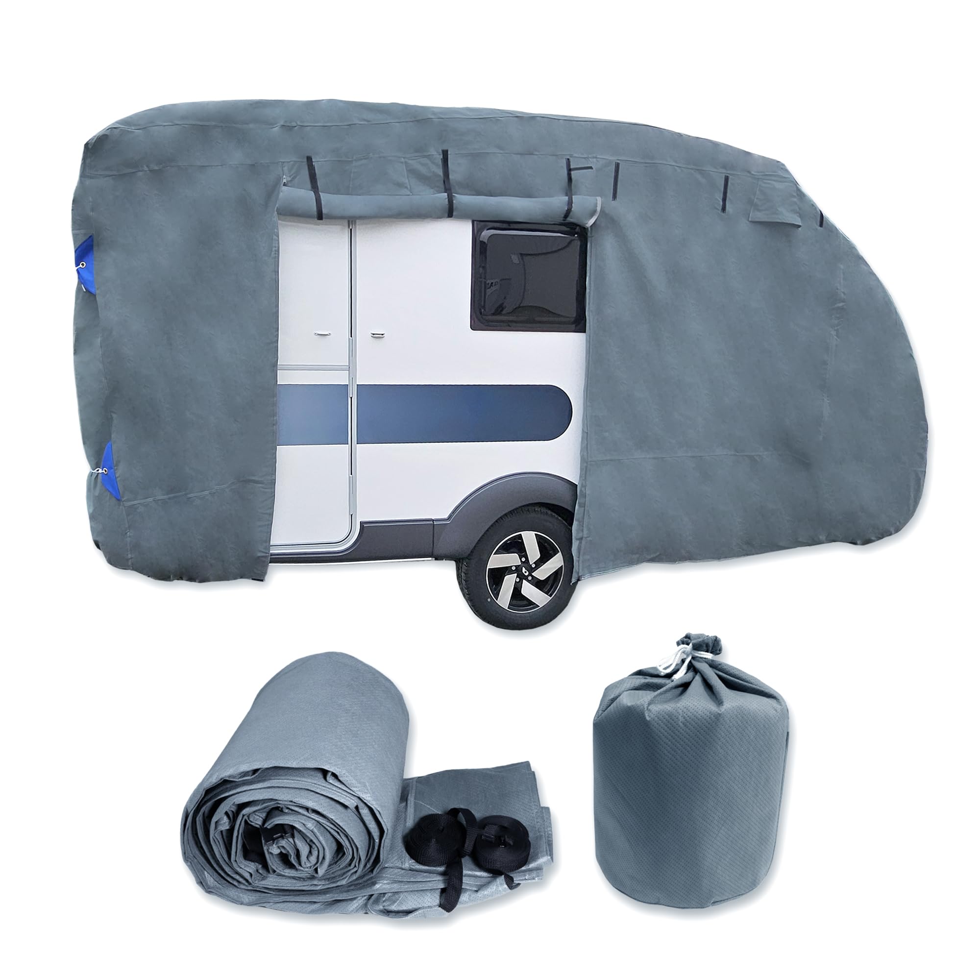 NATIV Schutzhülle für Wohnwagen | UV-resistente Abdeckplane für ihren Camper | universelle Passform | Polyamid | Dach wasserdicht, Seitenteile wasserabweisend | grau | 670 x 250 x 220 cm