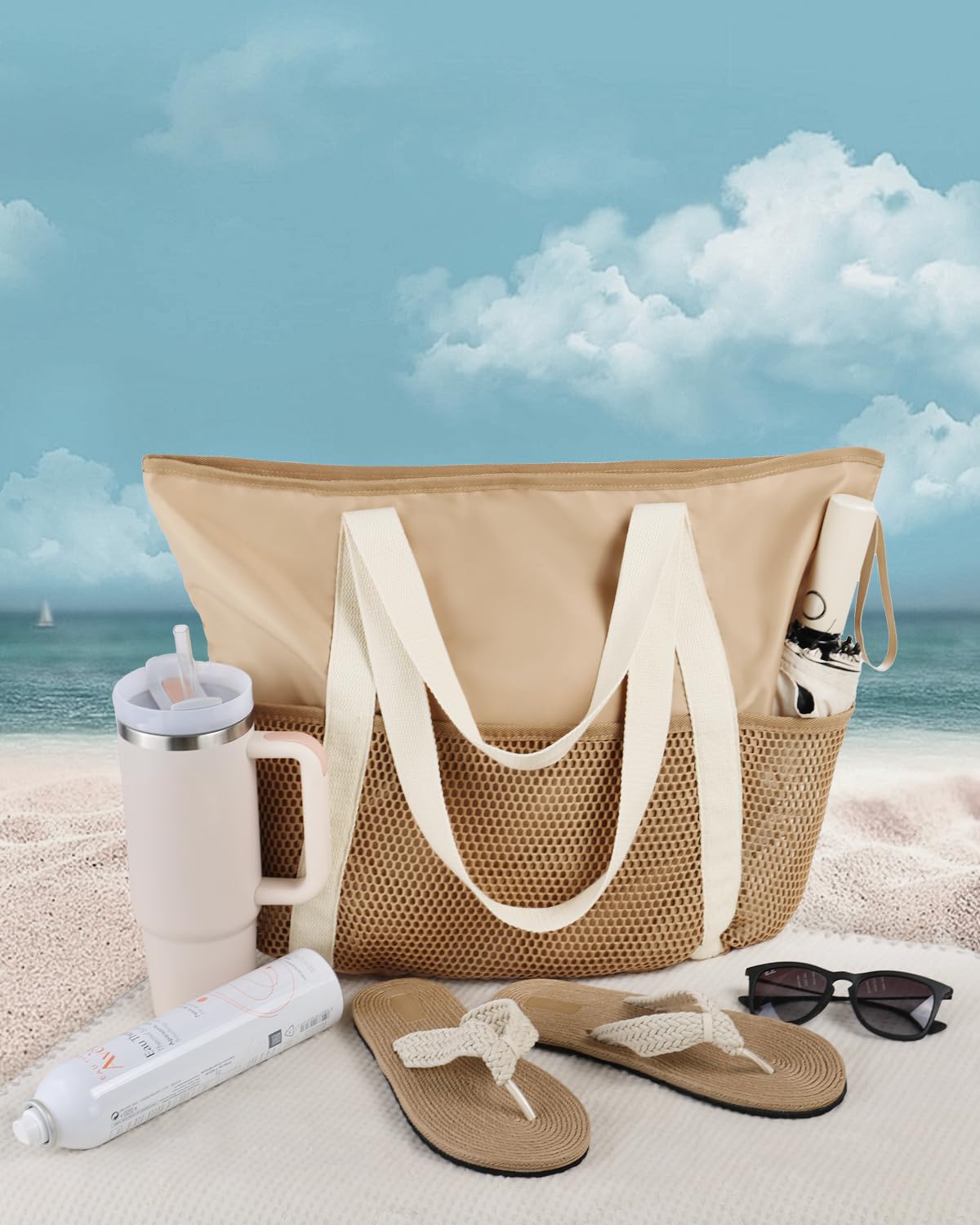 HOMESPON Sac de Plage Imperméable pour Femme Homme Famille Grand Sac Cabas avec Poches Multiples et Fermeture Éclair Idéal pour Plage Piscine Voyage Sport Shopping