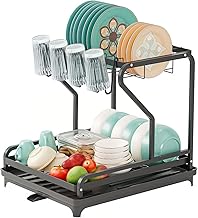 NETEL Dish Drying Rack with Drain Board, 2 Tier Dish Drainer Rack with Swivel Drainage Spout, Metal Dish Rack with Cup Holder, for Kitchen Counter Dish Storage, Black