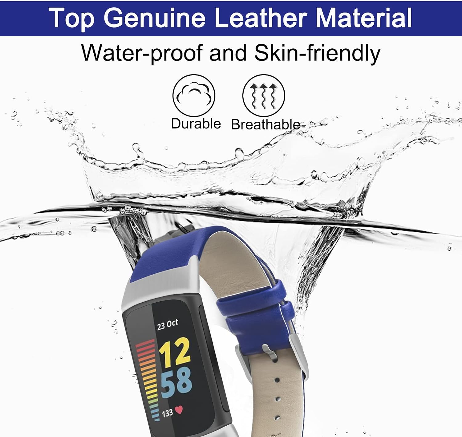 Leather Bands Compatible with Fitbit Charge 5, Soft Genuine Leather Quick Replace Band for Women Men, Replacement Waterproof Wristband for Fitbit Charge 5(Blue)