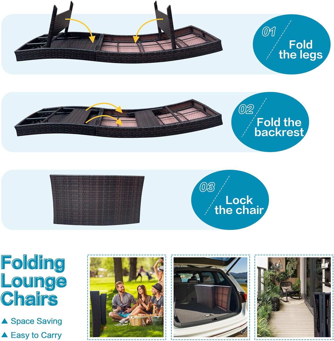 Outdoor Pool Folding Recliners PE Rattan Foldable Backrest Chaise Lounge Set of 2, Adjustable Patio Chairs Wicker Lounge Chairs for Outside Beach Poolside Sunbathing