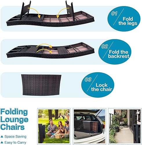 Miniatura 7 de Juego de 2 sillas reclinables con respaldo ajustable de ratán para exteriores, juego de 2 sillas plegables, tumbonas plegables de mimbre para patio