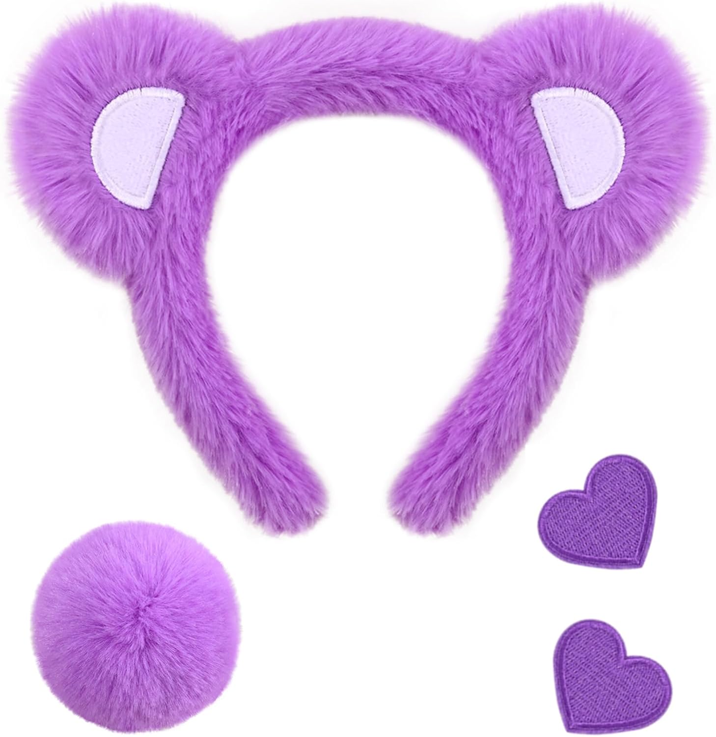 3 Pcs Bear Cosplay Set Bear Headband Tail &Iron-On Patch Accessory Set for Animal Costume (Purple)