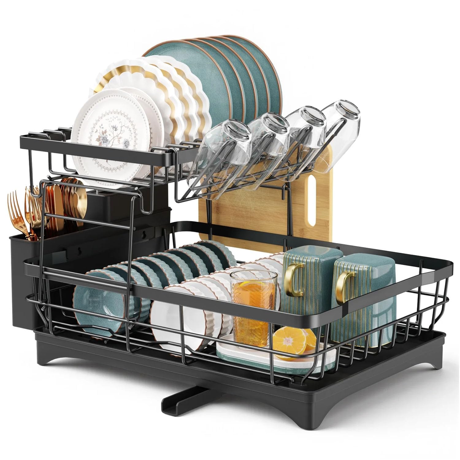 Taylor & Brown 2 Tier Black Large Dish Drainer Drying Rack Drying for Kitchen Sink with Drip Tray, Stainless Steel Metal Anti Rust Wide Plate Bowl Draining Washing Up Holder, Extra Big Spout Drainage