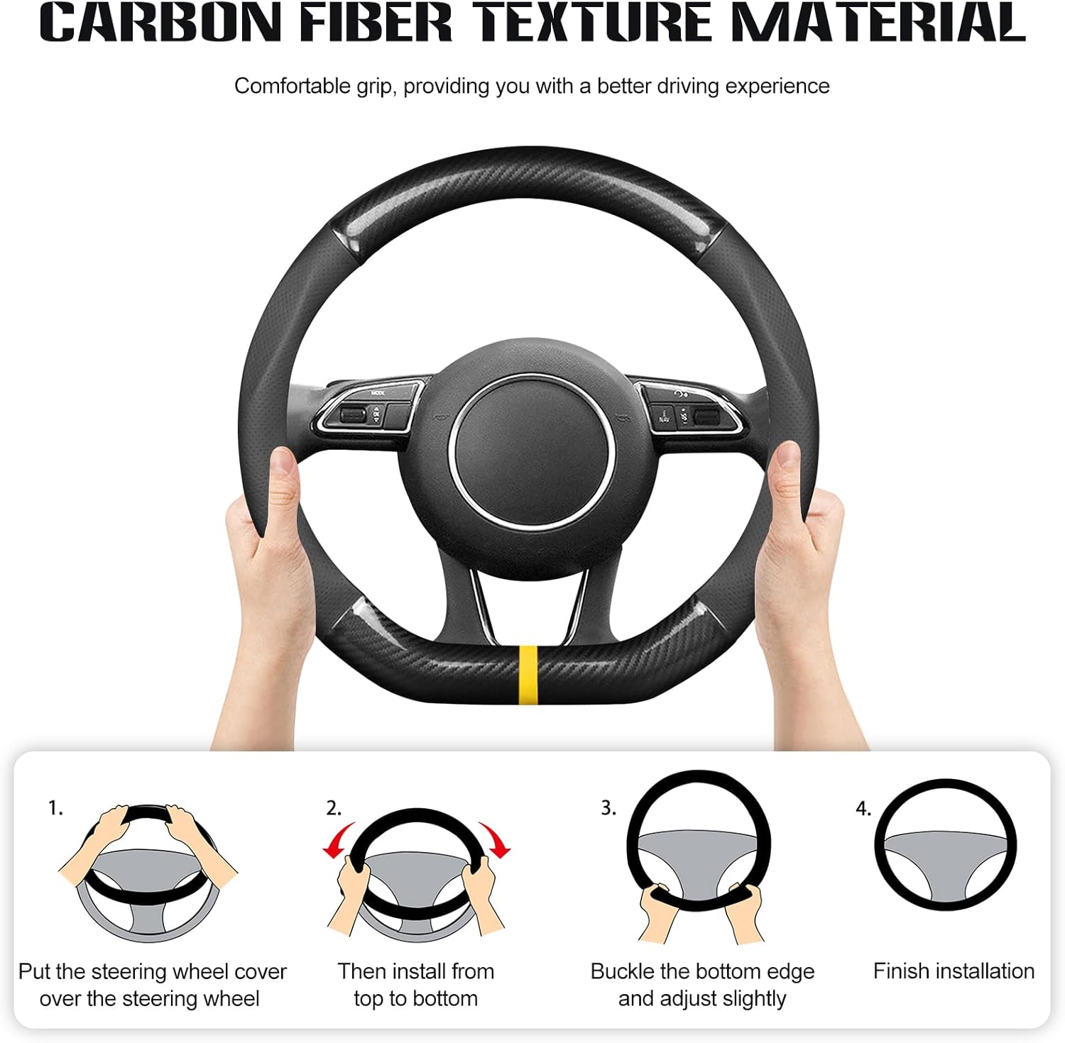 Ergocar Car Steering Wheel Cover Non-Slip Protector Sport D-Shape Carbon Fiber & PU Leather Universal for Diameter 38cm(15")