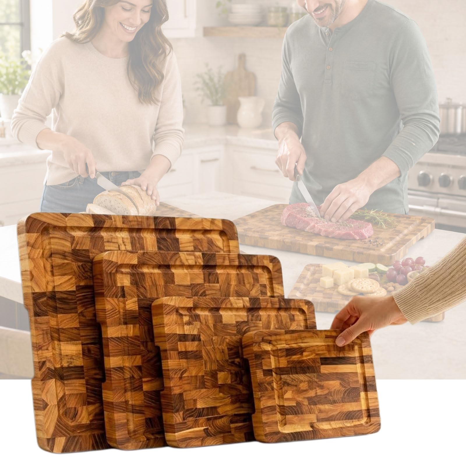 PSKJHN 4 Piece Wooden Chopping Board, Reversible Cutting Boards for Kitchen with Juice Grooves in Small, Medium, Large & X-Large Sizes, Butchers Block for Food Prep Meat Vegetables Bread Cheese
