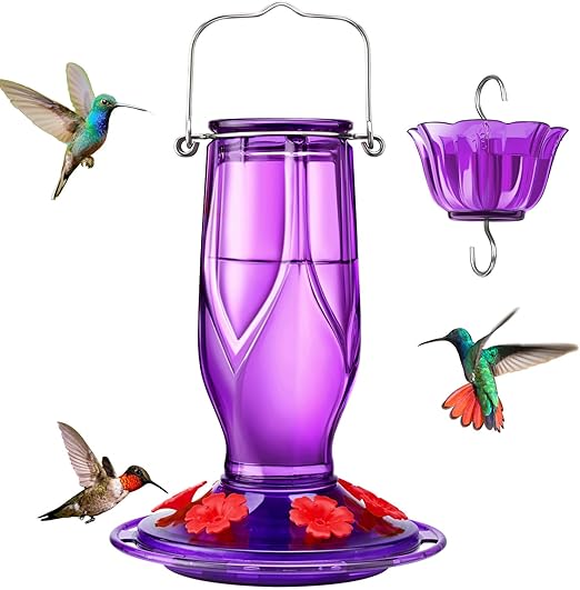 Kingsyard Glass Hummingbird Feeders for Outdoors Hanging, 6 Feeding Ports, 16 Ounces Bird Nectar Feeder, Rustproof Leakproof, Easy to Refill & Clean, Garden Backyard Decor, Ant Moat Included, Purple