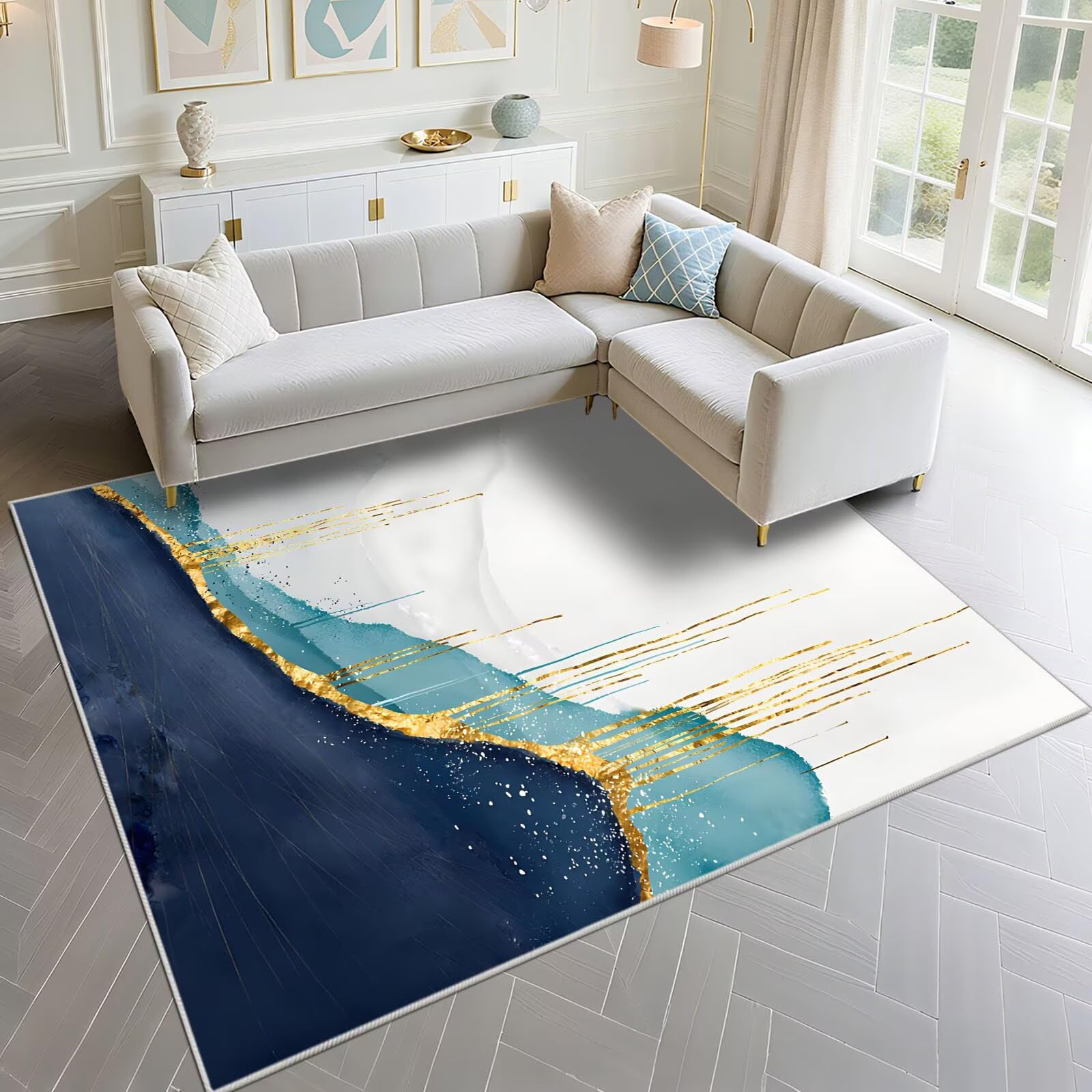 Tapis d'entrée anti-dérapant 90x150cm au design abstrait bleu, or et gris
