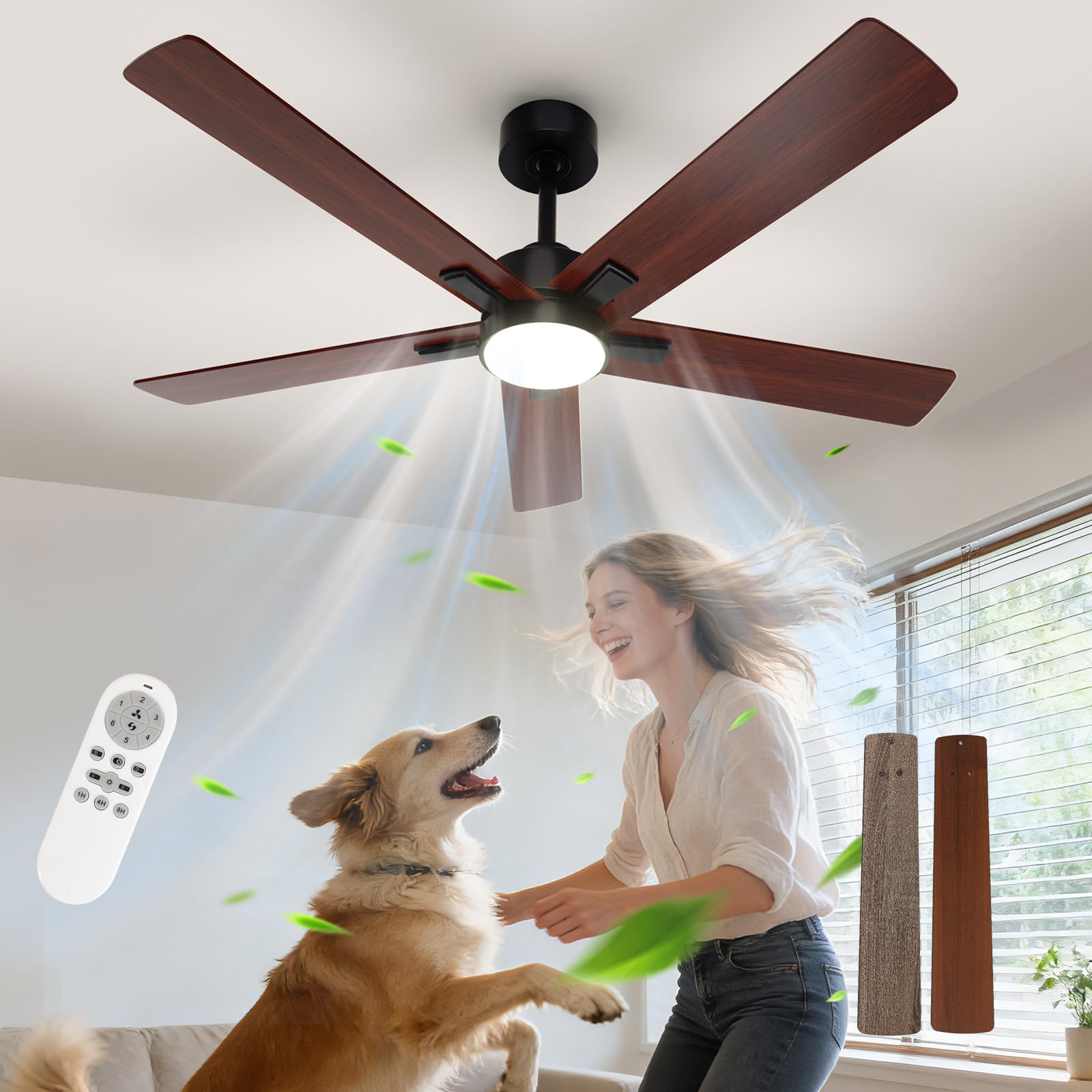 Comely Ceiling Fan with Light, DC 132 cm, 3 Colour Temperatures, Ceiling Fan with 6 Speeds, Bright Ceiling Fan with Summer/Winter Function for Bedroom, Walnut