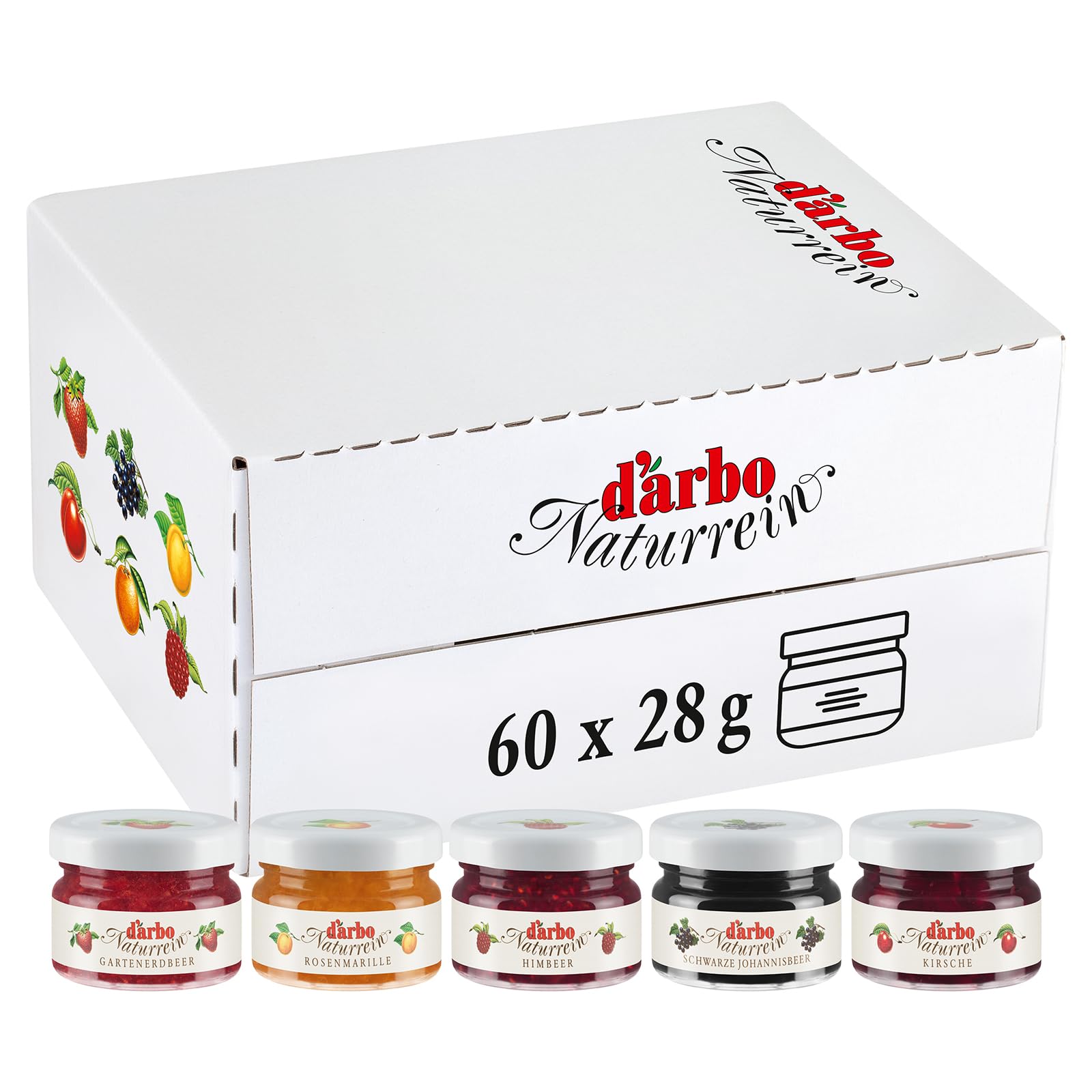 Darbo, Confetture Naturrein Assortite, Confettura in Mini Vetro, Marmellate Monodose Miste per Colazione, Albicocca, Ciliege, Lamponi, Ribes Nero, Fragole, Formato Convenienza, 60 Confetture da 28 g