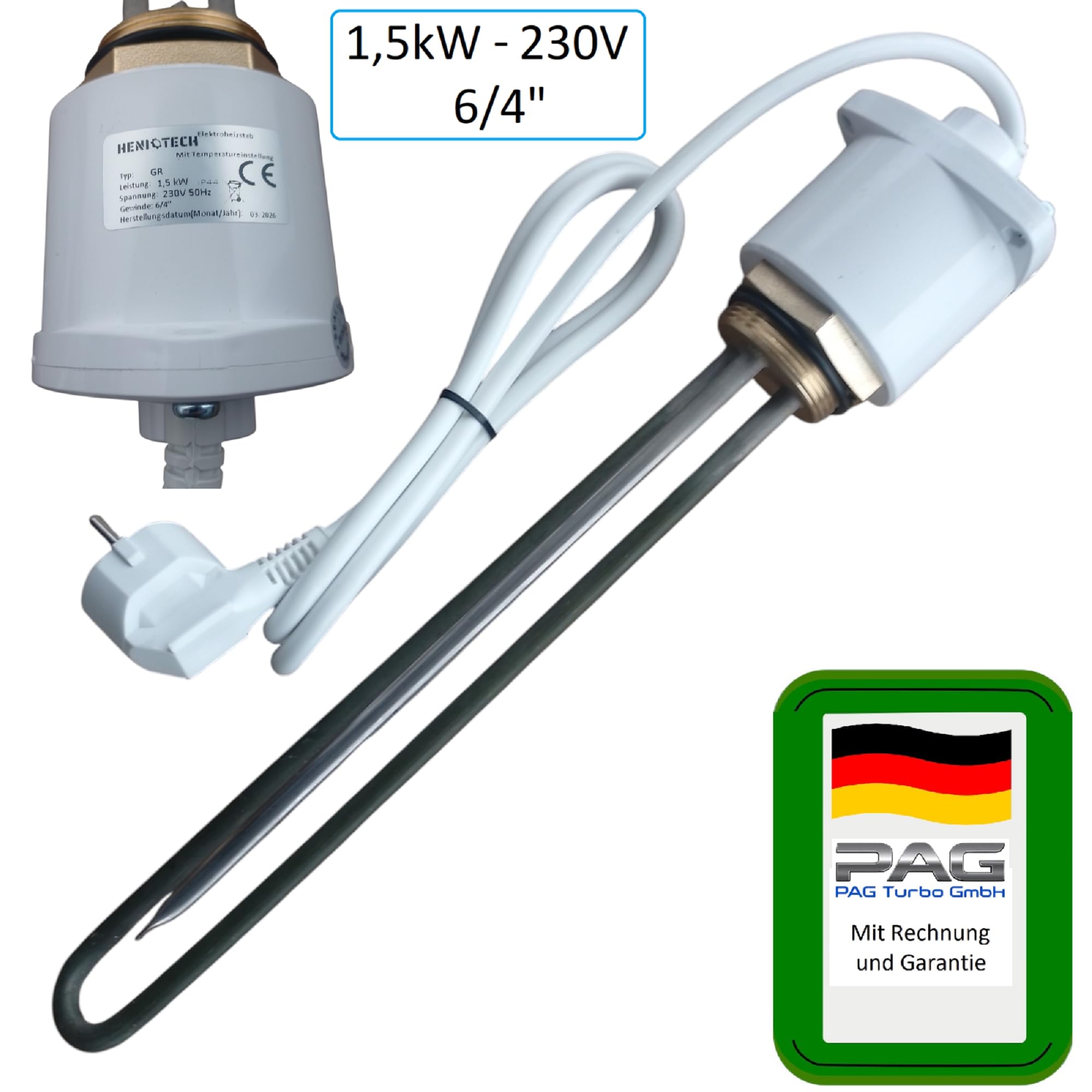 230V Heizstab Heizpatrone für Boiler m. Thermostat 1,5kW Gewinde 6/4" (ca. 47,4 mm) (6/4" - 1,5kW) - von PAG Turbo GmbH®