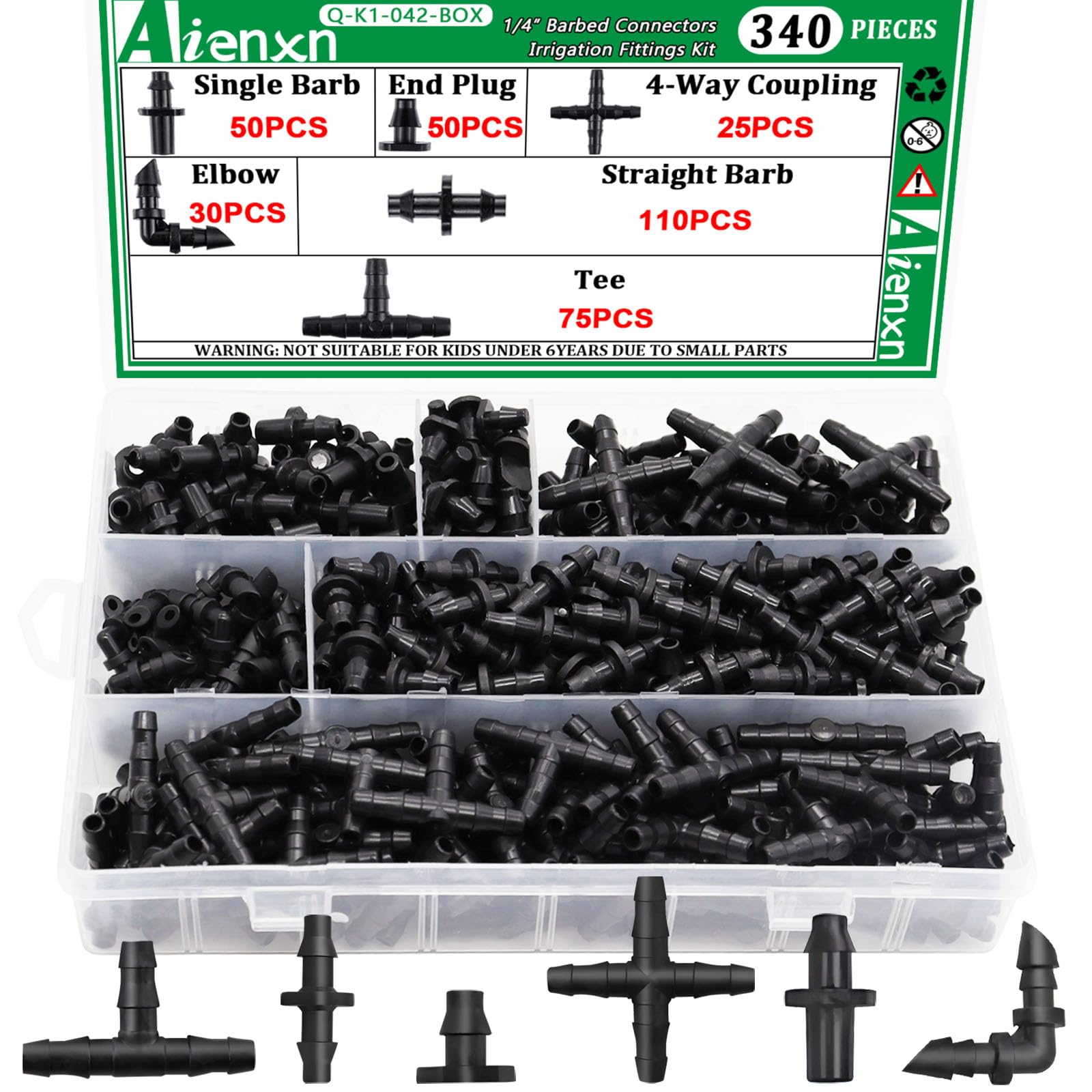 340PCS 1/4" Drip Irrigation Kit Barbed Connectors, Straight Barb, Tee, Single Barb, End Plug, Elbow, 4 Way Coupling Irrigation Fittings for Garden Lawn Flower Pot