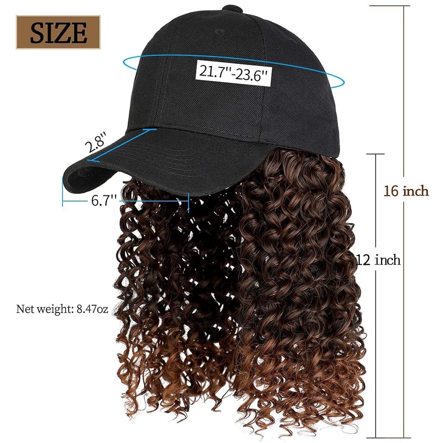 Headband Wig Human Hair Wigs Baseball cap Curly Deep Wave Headband Wig Hat(Brown hat kahki wig)