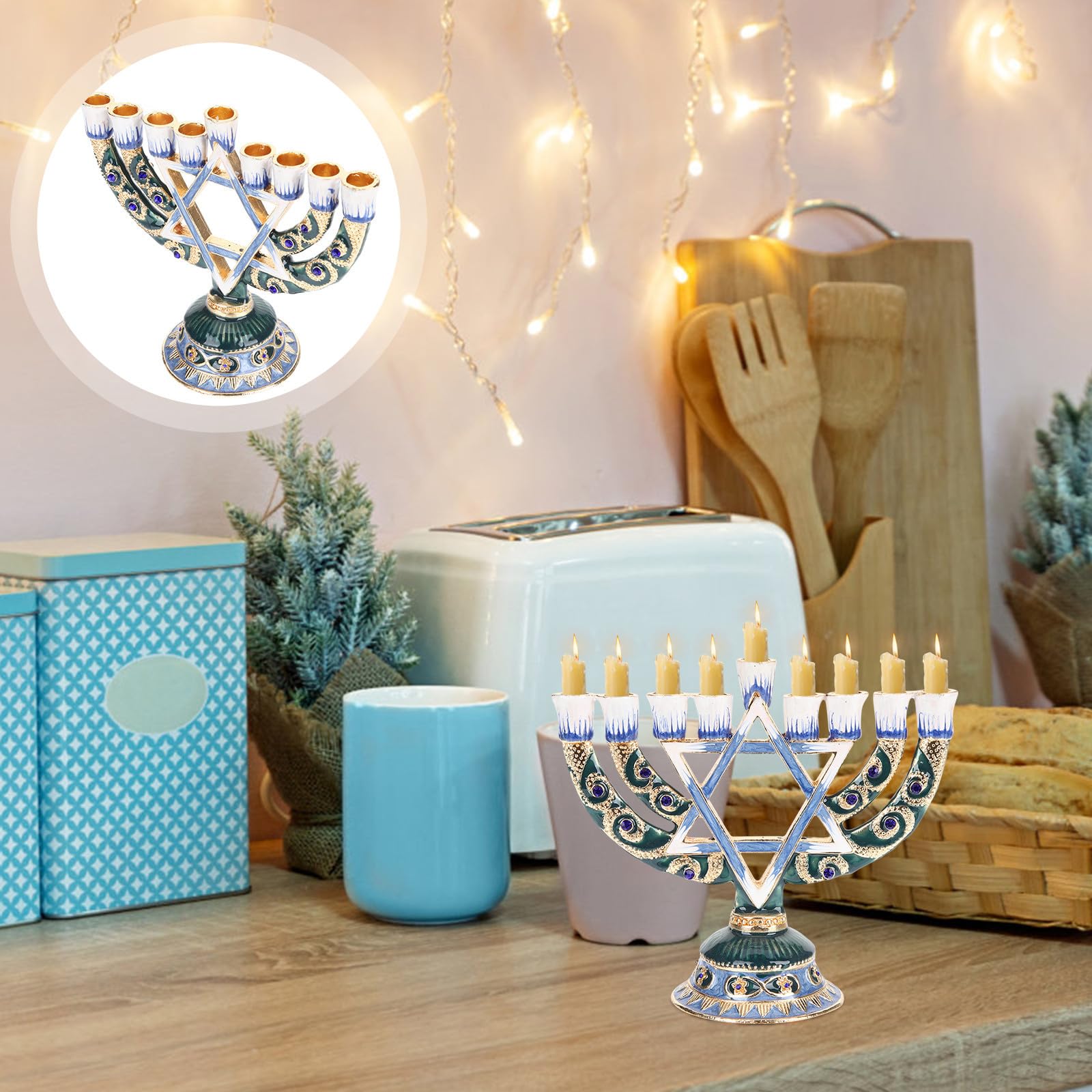 Portacandele Religioso Ebraico a 9 Rami in Lega, Candeliere Retrò per Hanukkah, Centrotavola da Desktop