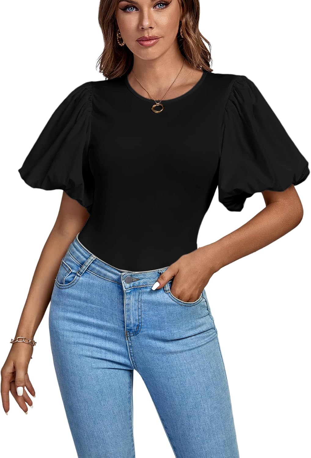 LYANER Women's Casual Round Neck Puff Short Sleeve Leotard Bodysuits Tops - Image 6