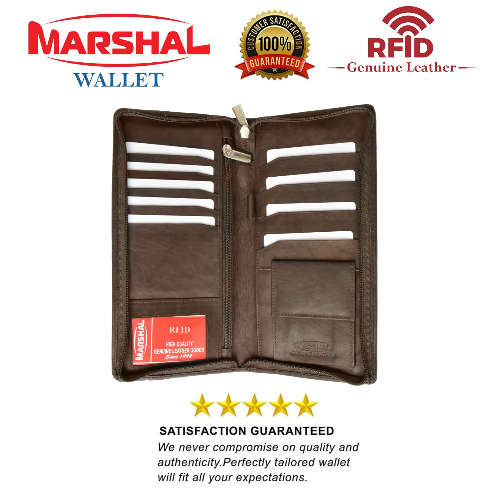 Cartera de viaje con bloqueo RFID y soporte para pasaporte familiar, soporte para documentos y organizador de cuero genuino que protege tus pasaportes, Marrón, Compacto