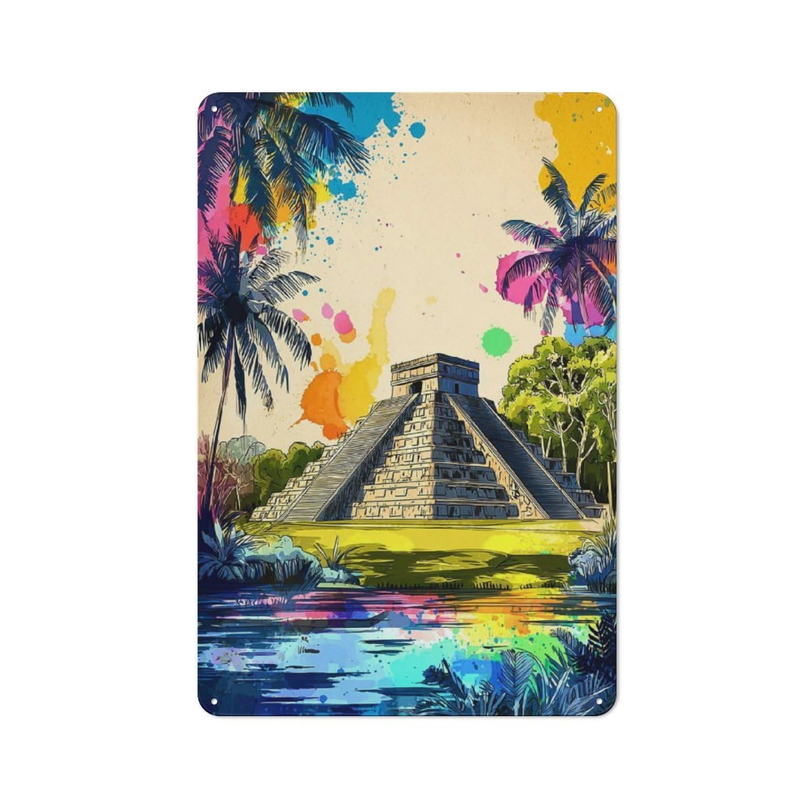 Junmoney Colorful Mayan Pyramid Scene-2 Vintage Metal Sign With Design 30X20cm, Vintage Bar Wall Plaque For Cafe, Pub, Workshop Or Home Bar