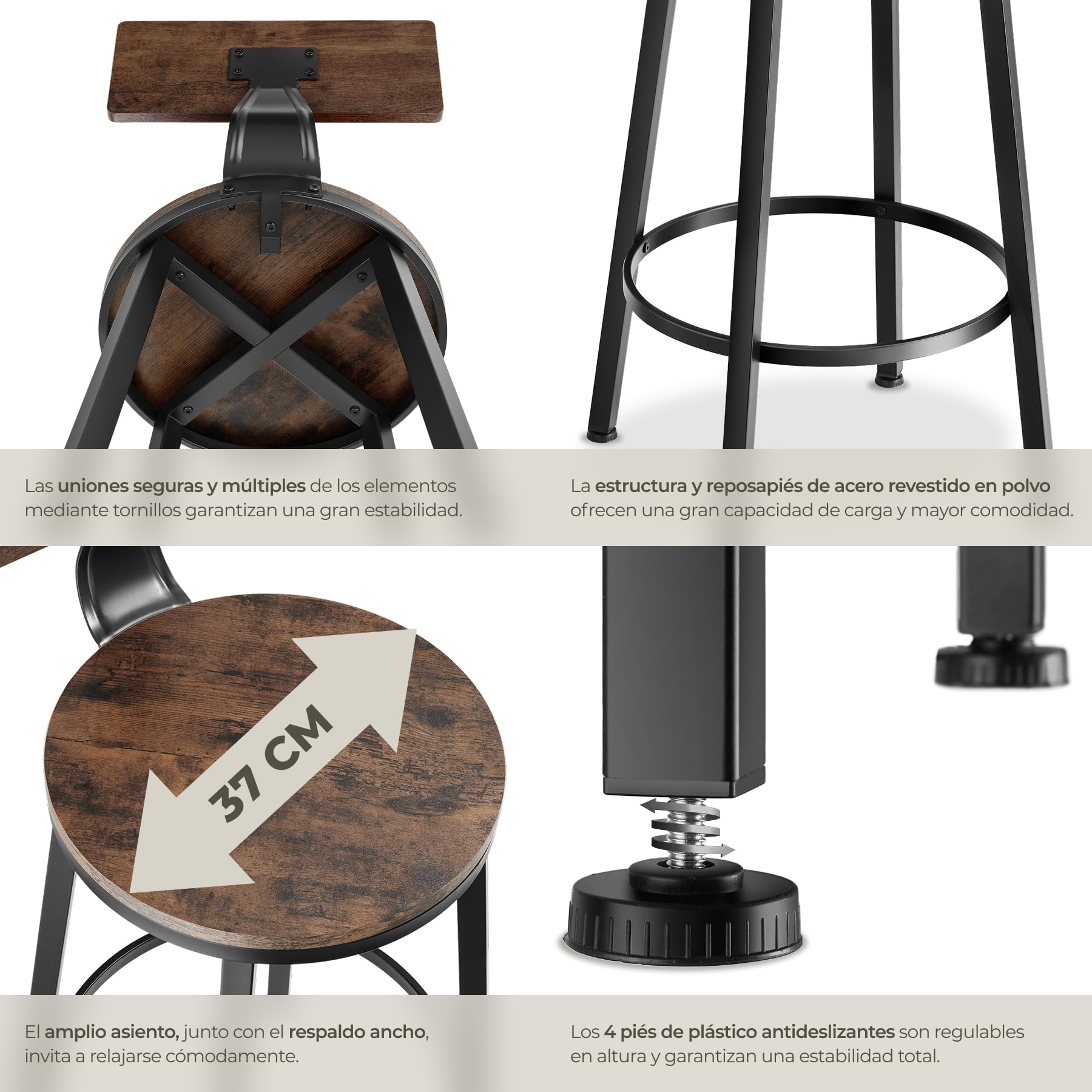 tectake® Taburete con Respaldo, Taburete Alto Cocina con Estructura de Acero, Taburetes Madera para Isla Cocina Resistentes, Sillas de Comedor - Set de 4 Madera Industrial Oscura, Rústica