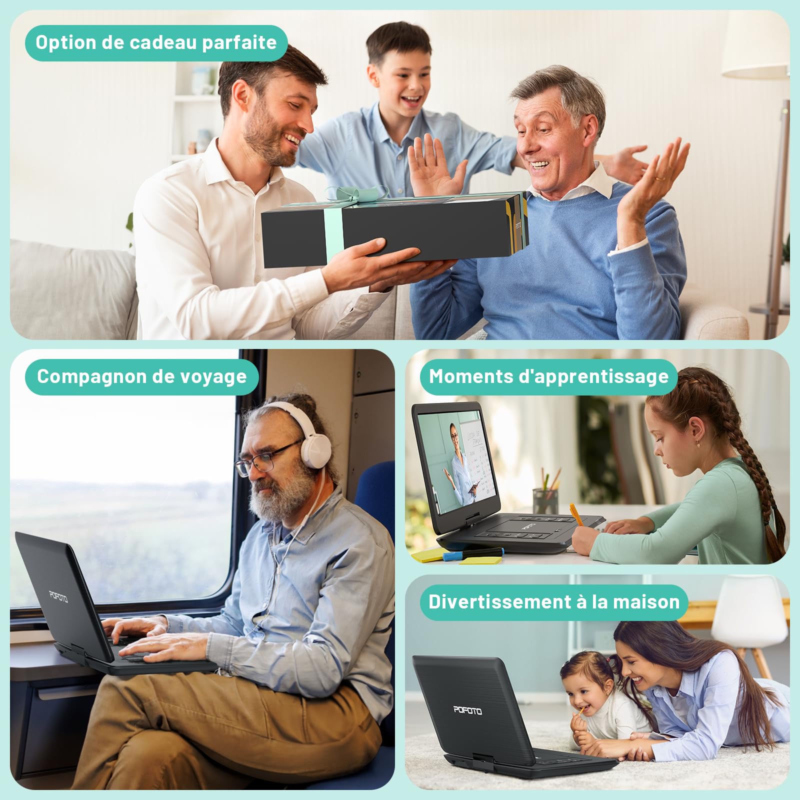POFOTO Lecteur DVD Portable 17,5'' Écran Pivotant HD 15,6" 6h Autonomie Multiformat Disques SD USB sans Région Sortie TV Projecteur Haut-parleurs Stéréo